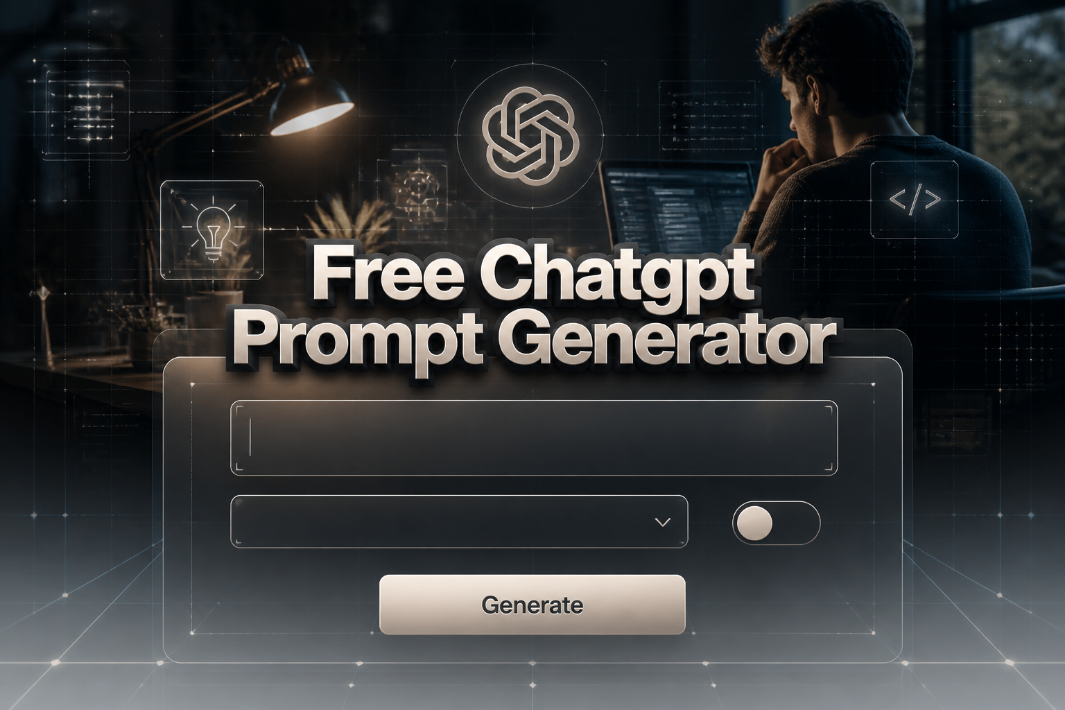 Centered hero image of a sleek free Chatgpt Prompt Generator UI with a large prompt field, dropdown, toggle, and Generate button, set over a polished AI scene with subtle grid lines and premium tool aesthetics.