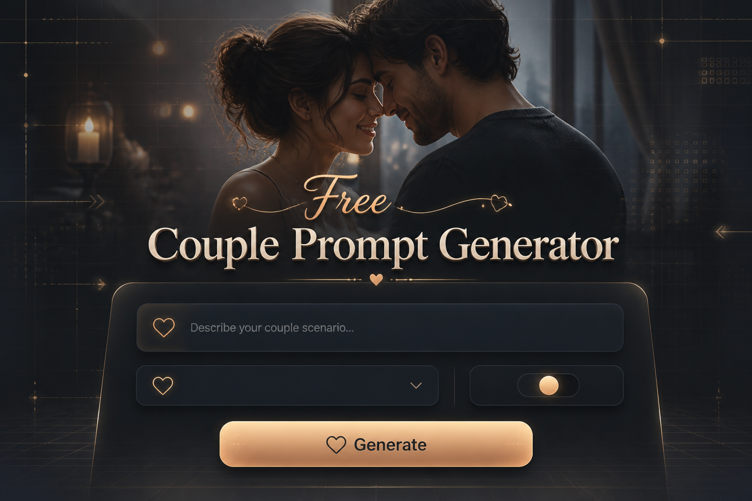 Centered hero graphic with the title Free Couple Prompt Generator in soft-shadowed UI typography, a couple scenario prompt field, relationship mood dropdown, style variation toggle, and Generate button over a sleek couple prompt generator interface with faint grid lines and a real-life couple background.
