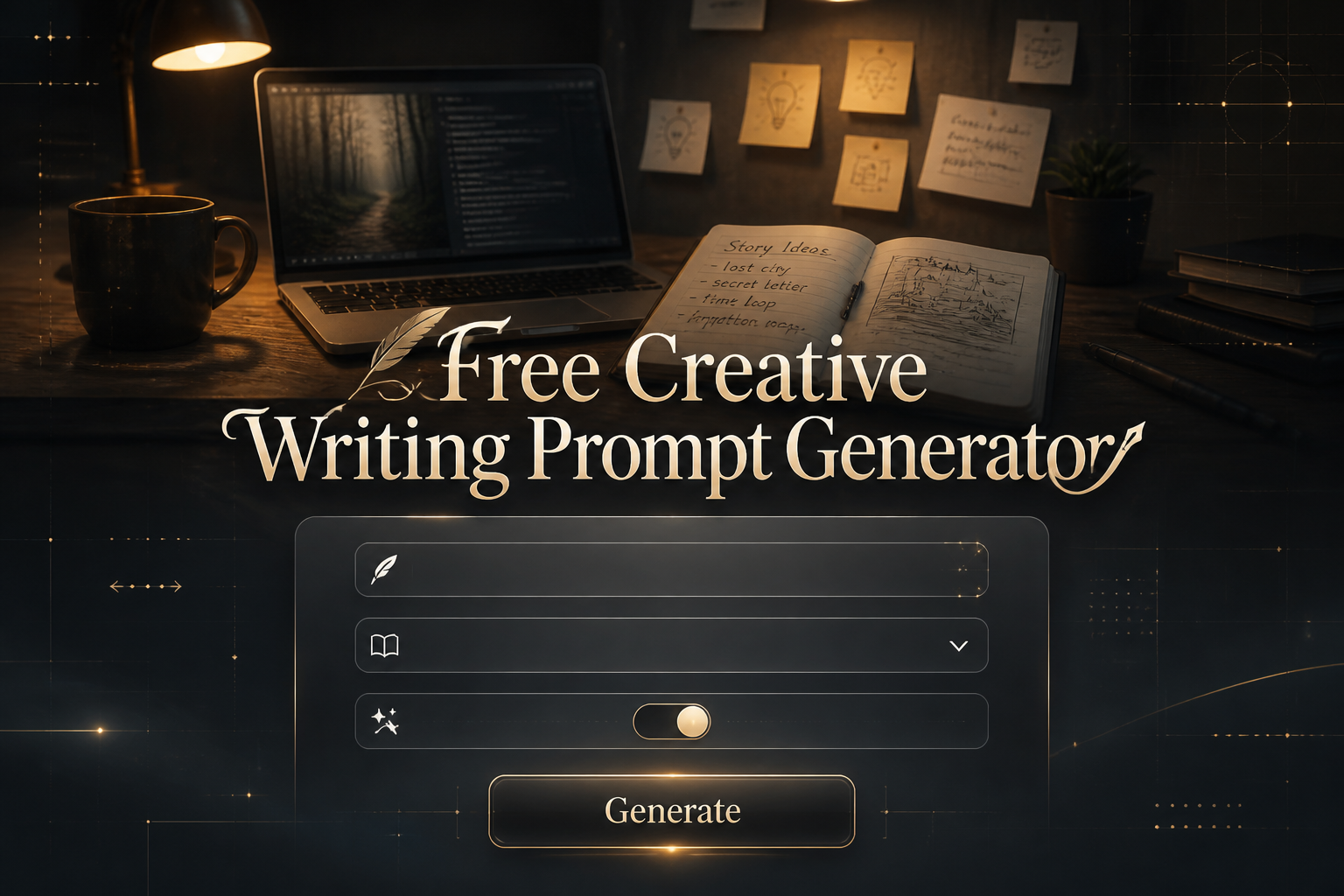 Hero image of a Free Creative Writing Prompt Generator UI over a writer's desk scene, with a topic field, genre dropdown, creativity toggle, and Generate button in a polished creative writing prompt generator tool layout.