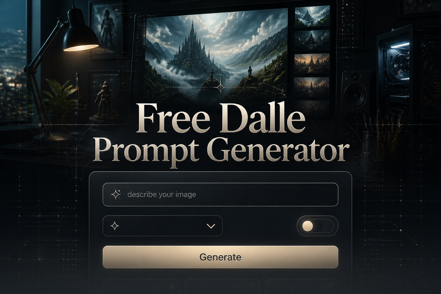 A sleek hero image shows "Free Dalle Prompt Generator" above a refined AI prompt panel with a describe your image field, style dropdown, variation toggle, and Generate button, ideal for a free Dalle prompt generator and AI image prompt tool.