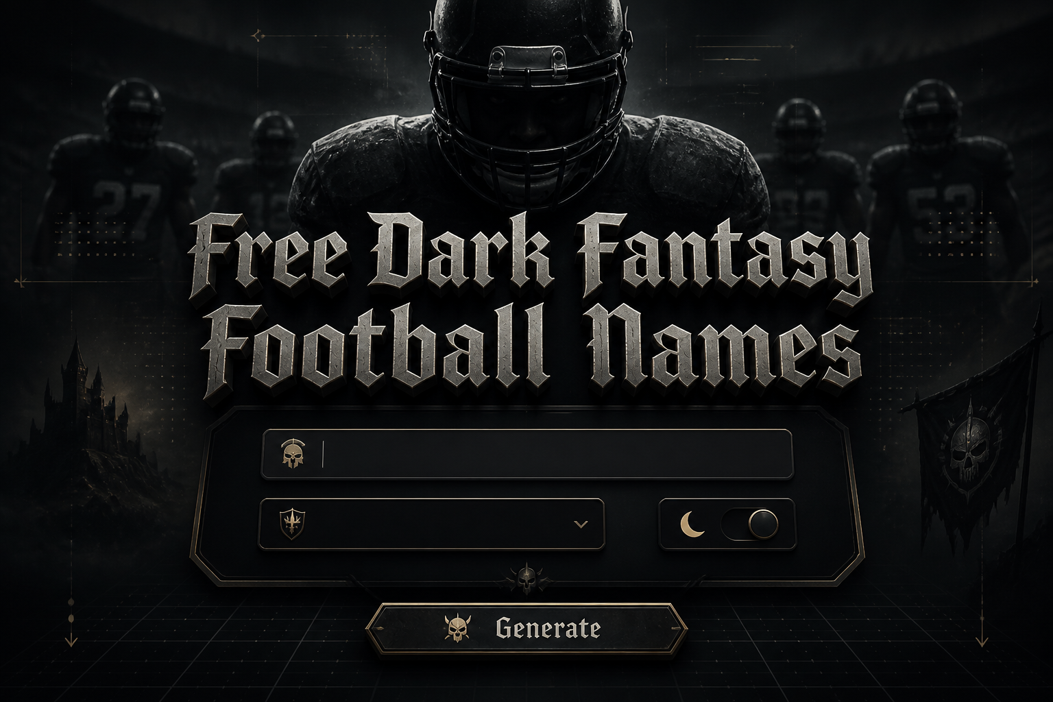 Centered hero graphic for a fantasy football naming tool showing the text Free Dark Fantasy Football Names, a sleek panel with team name input, fantasy style dropdown, dark theme toggle, and a Generate button over a moody football background.
