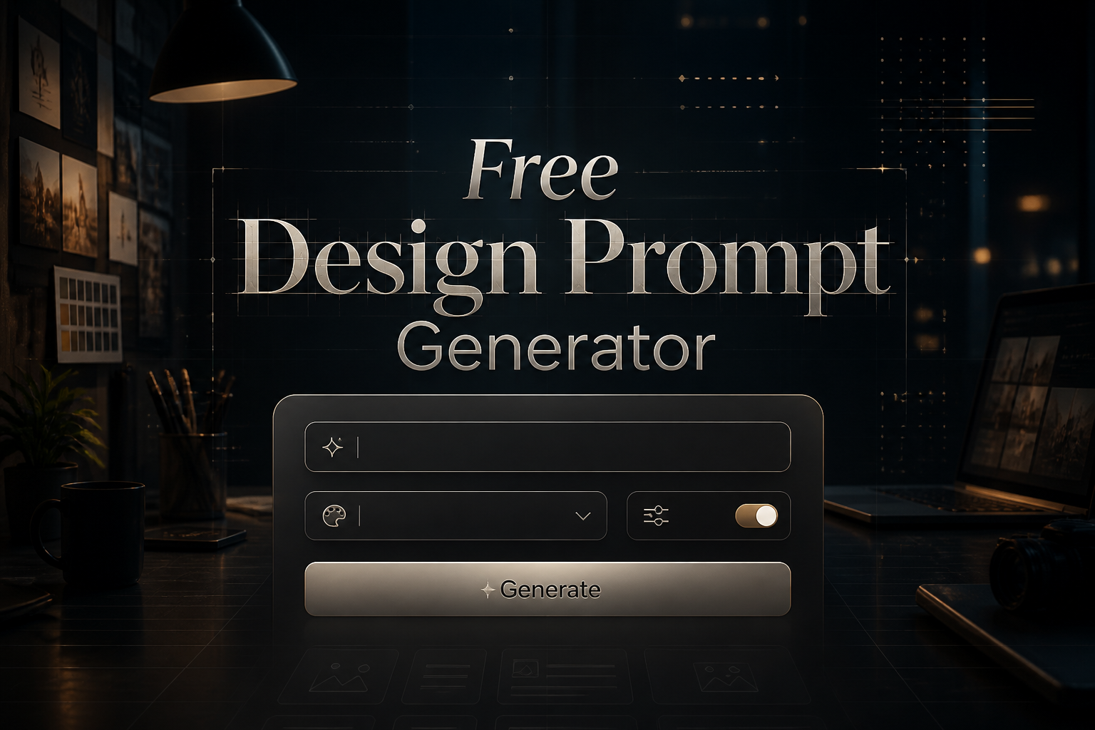 Centered hero graphic for a Free Design Prompt Generator with a soft-shadow title, a prompt input, style dropdown, refinement toggle, and Generate button, set over a premium creative workspace UI with subtle grid lines and modern product polish.