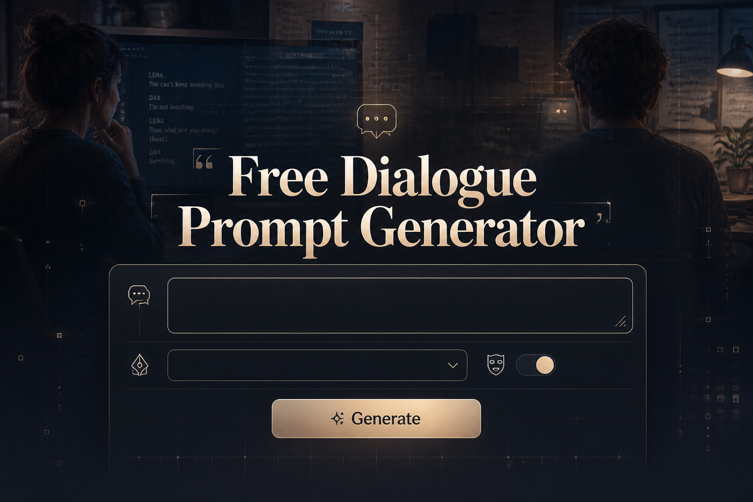 Centered hero graphic for a free dialogue prompt generator with a soft-shadow title, refined input field, style dropdown, tone toggle and Generate button, set over collaborators shaping dialogue on screens with subtle grid lines and arrows.