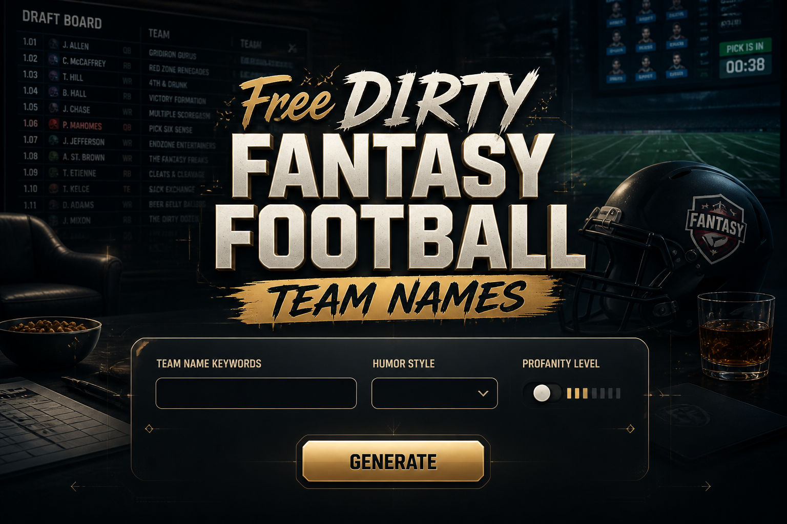 A sleek fantasy football tool hero image shows the title Free Dirty Fantasy Football Team Names above a centered panel with keyword field, humor style dropdown, profanity toggle, and Generate button, with premium draft-room betting cues.