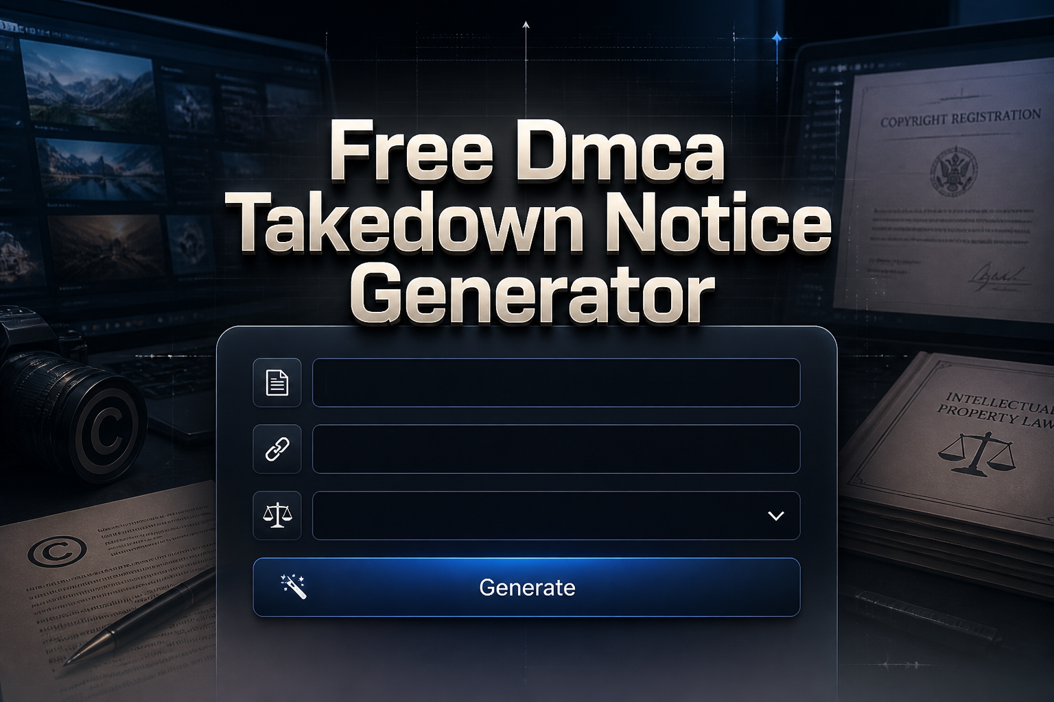 Centered hero graphic for a free DMCA takedown notice generator showing a sleek panel with fields for copyrighted work, infringing URL, a notice type dropdown, and a Generate button, over a legal copyright documentation workspace background.