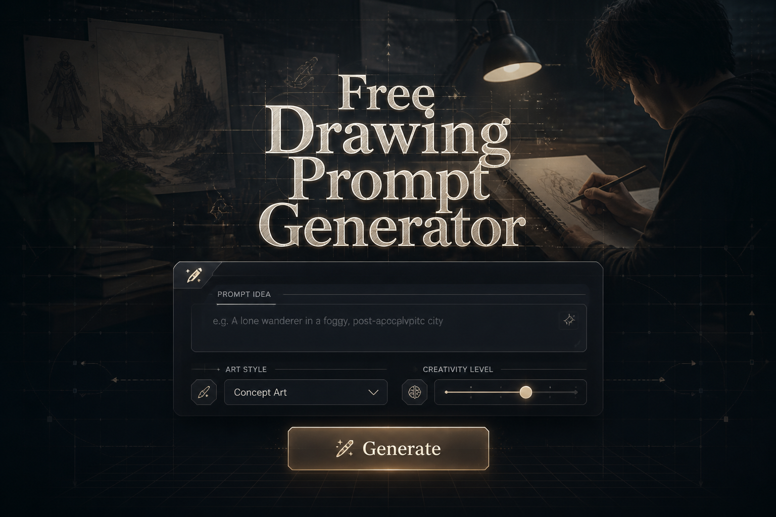 Featured hero graphic for a free drawing prompt generator showing a sleek centered UI panel with a prompt input field, art style dropdown, creativity toggle, and Generate button, over an artist sketching background with subtle grid guides.
