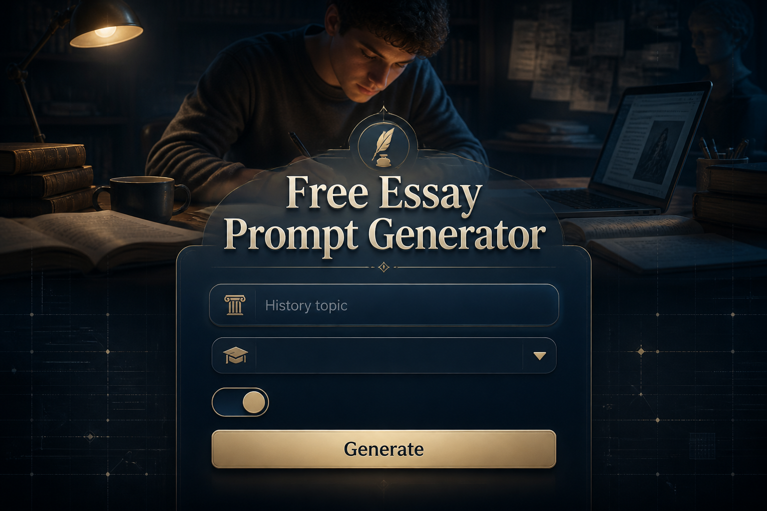 Centered hero graphic with "Free Essay Prompt Generator" over a sleek smart UI panel, a History topic field, essay type dropdown, tone toggle, and Generate button, plus a long-tail free essay prompt generator tool and essay prompt generator for students scene.