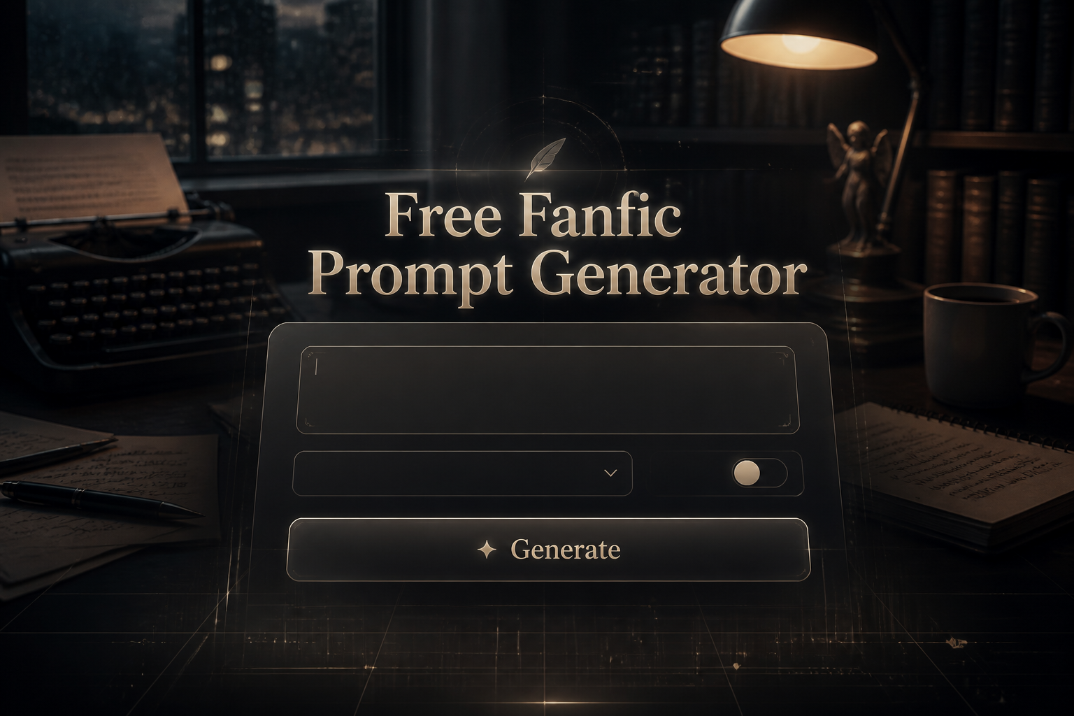 A polished hero image shows a centered fanfic prompt generator interface on a writer's desk background, with "Free Fanfic Prompt Generator," a story idea field, genre dropdown, tone toggle, and Generate button for fanfiction prompt ideas.