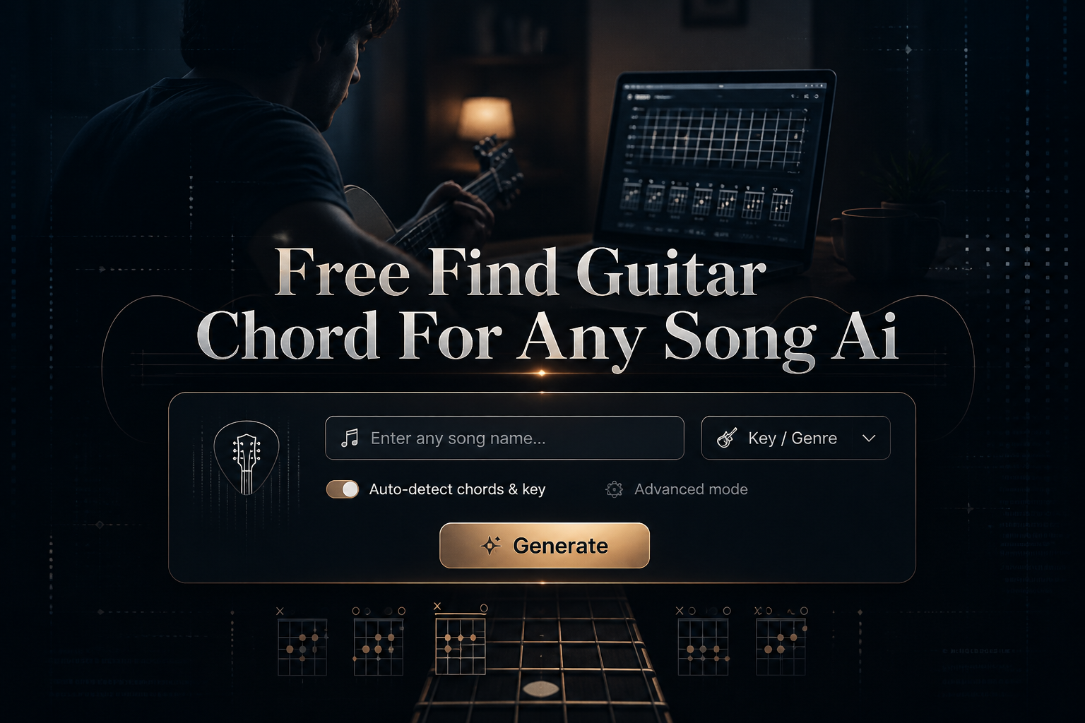 Centered premium UI hero image showing the text "Free Find Guitar Chord For Any Song Ai" above a song input field, key dropdown, auto-detect toggle, and Generate button, with a guitarist using a laptop in the fading background for free find guitar chord for any song AI search.