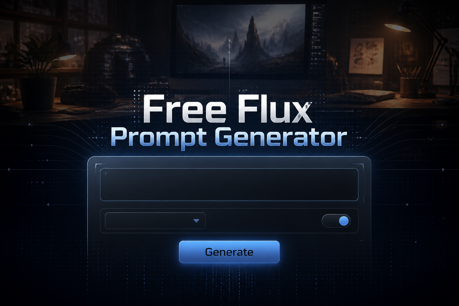 Centered on a premium dark UI hero, the text Free Flux Prompt Generator sits above a refined prompt input field, compact dropdown, toggle, and Generate button, with subtle grid lines and creative workflow imagery in the background.