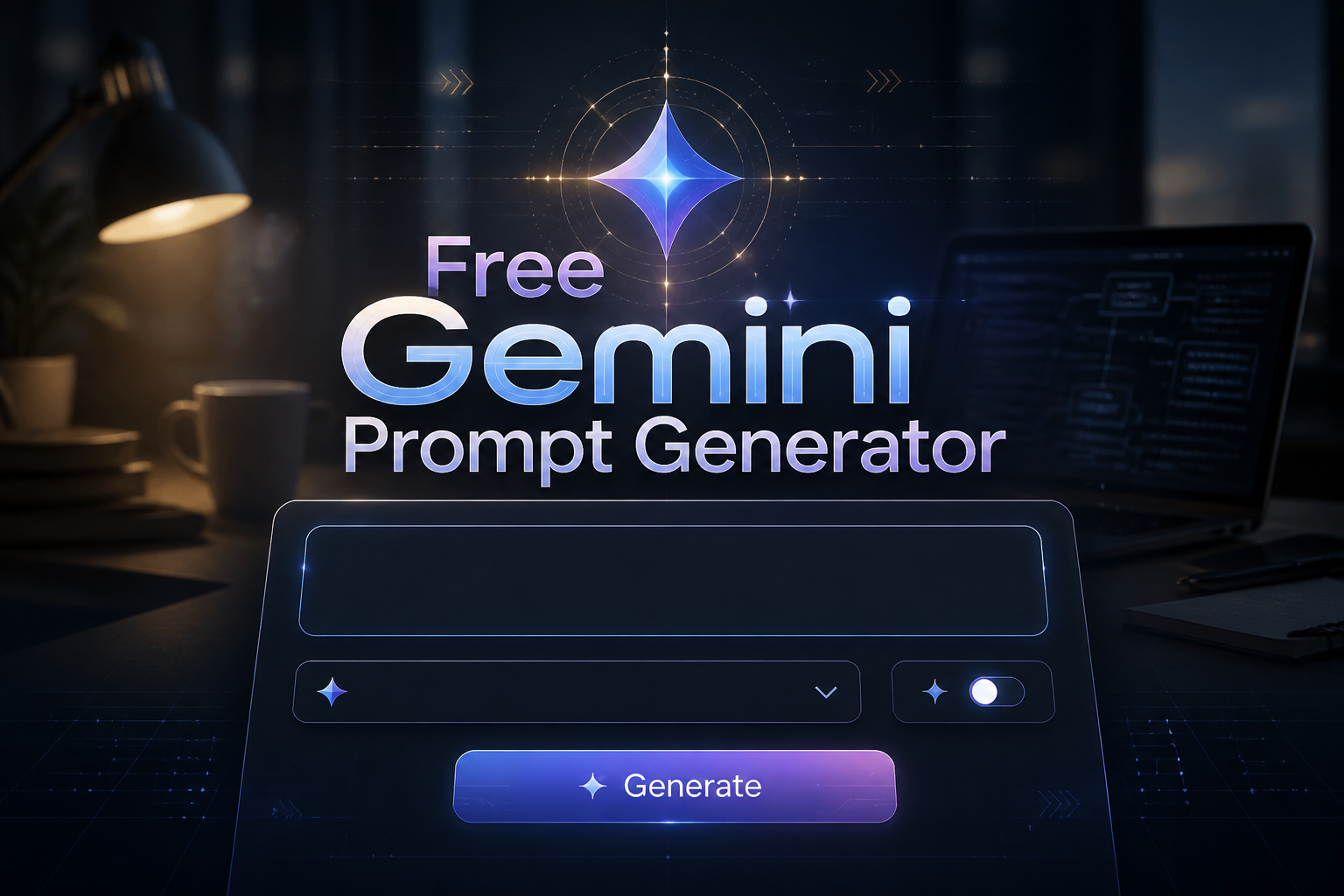 Centered featured hero graphic with the title Free Gemini Prompt Generator in soft shadow above a sleek prompt input, compact model dropdown, toggle, and Generate button, set over a premium AI workflow background with subtle grids.