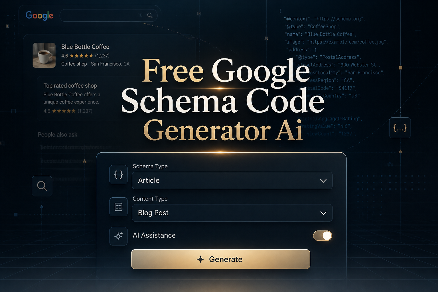 Centered hero graphic with the text Free Google Schema Code Generator Ai above a sleek schema tool panel, showing a schema type field, content type dropdown, AI assistance toggle, and Generate button, with search result grid accents in the background.