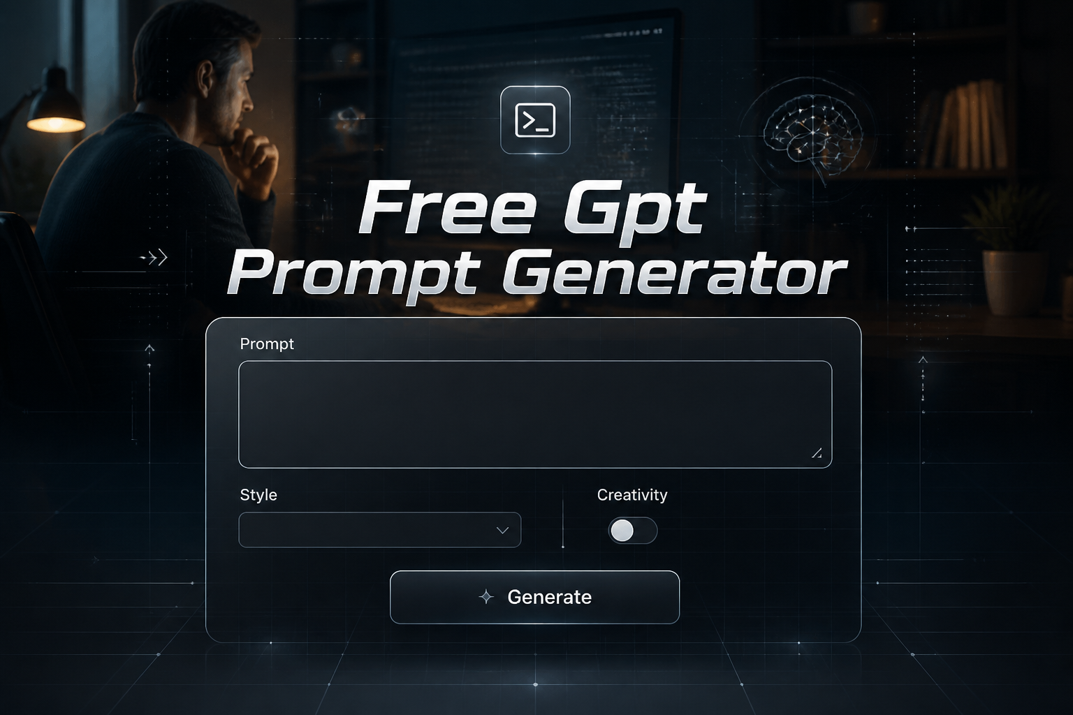Centered hero graphic for Free Gpt Prompt Generator showing a polished AI prompt tool UI with Prompt, Style, Creativity, and Generate controls over a subtle writer-at-work background, ideal for free GPT prompt generator and AI prompt builder searches