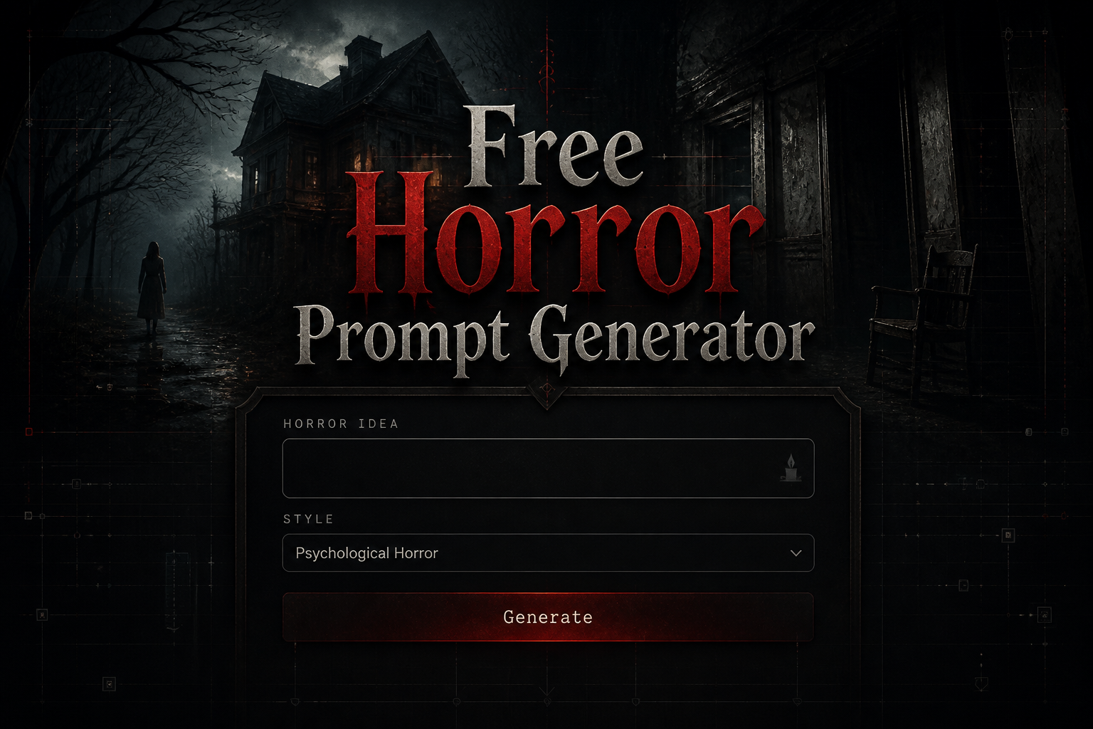 Centered hero graphic for a free horror prompt generator showing the title "Free Horror Prompt Generator," a horror idea input, style dropdown, and Generate button in a sleek dark UI, with subtle horror prompt generator interface design and eerie horror writing tool aesthetics.