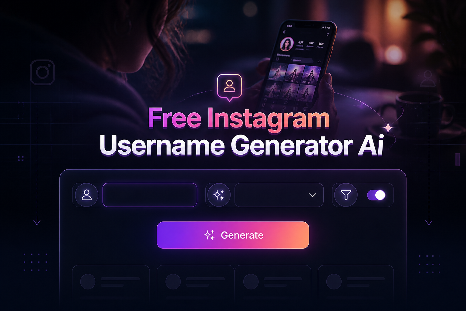 Centered hero graphic for a free Instagram username generator AI, showing a polished username creation UI with name input, style dropdown, availability toggle, and Generate button over a dark social media-inspired background with subtle grid details.