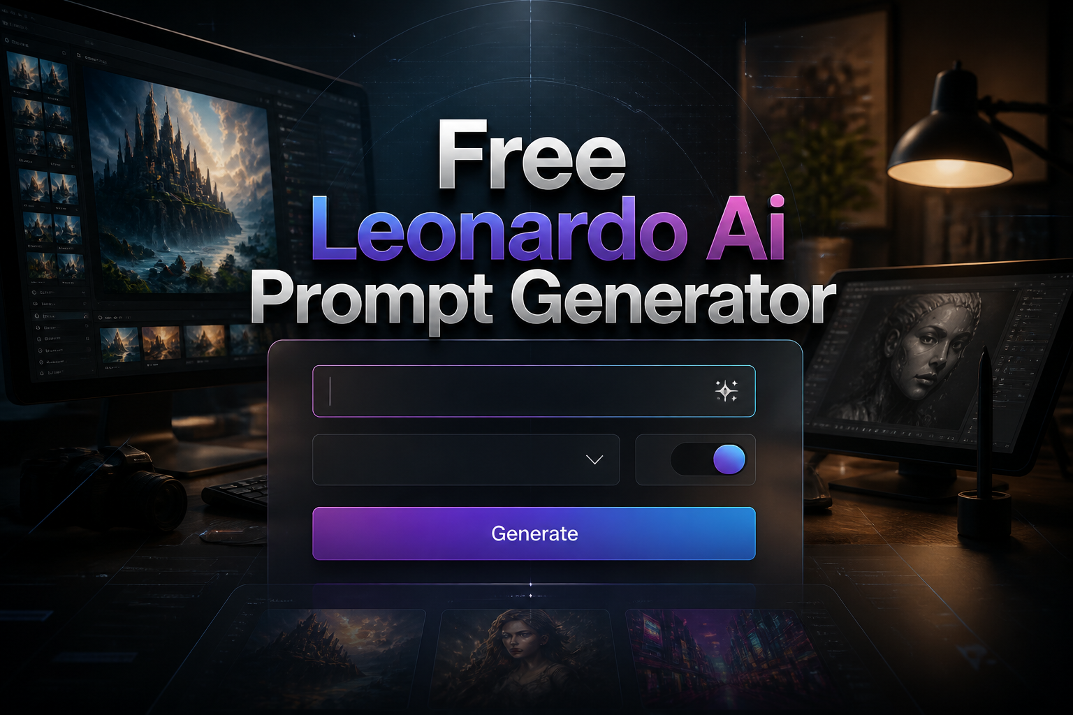 Centered hero graphic for a free Leonardo AI prompt generator showing the title in bold black-shadowed text above a sleek UI panel with a prompt idea field, dropdown, toggle, and Generate button over a polished AI image workspace background.
