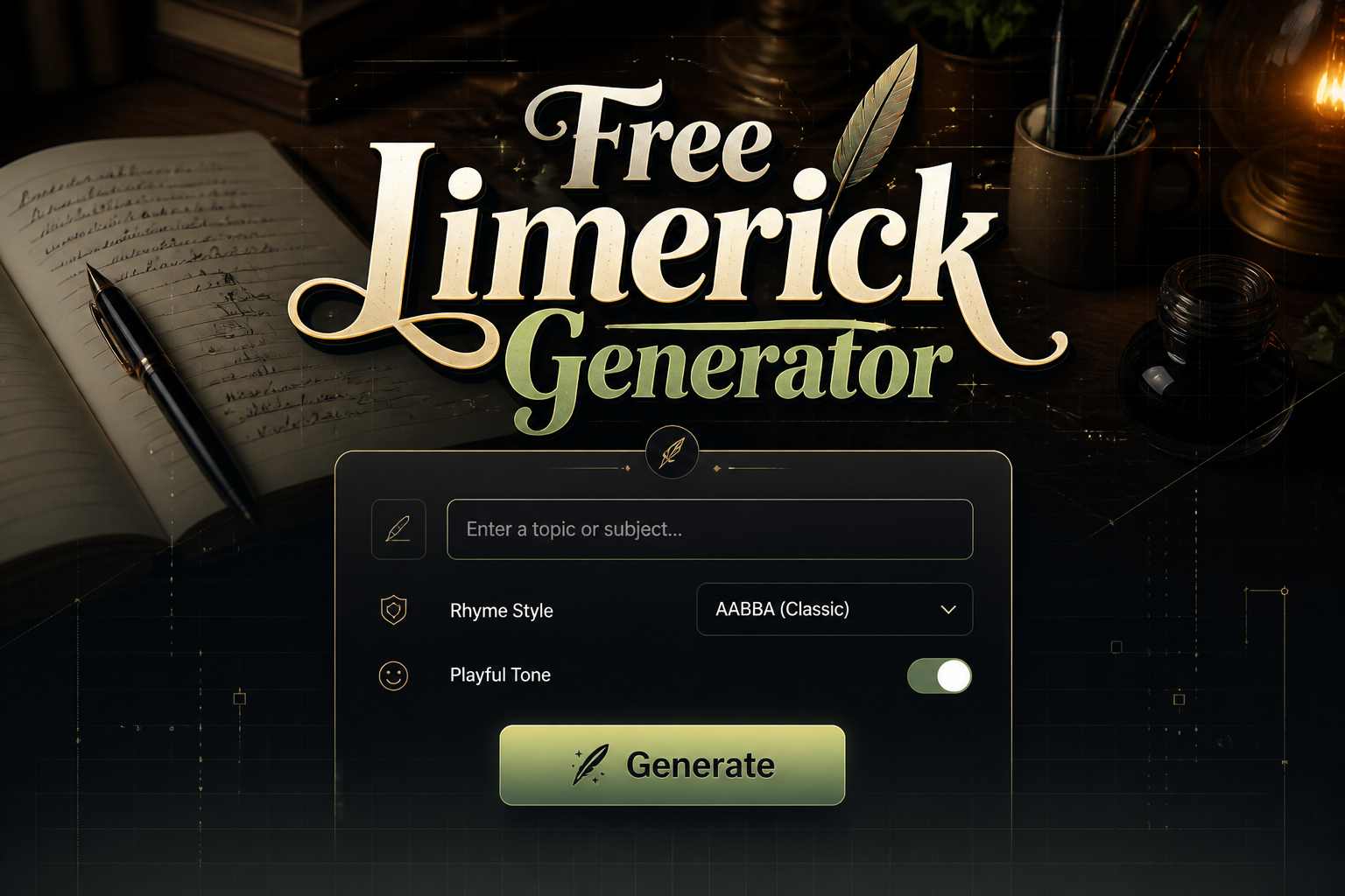 Centered hero image for a free limerick generator with a polished input panel, topic prompt field, rhyme style dropdown, playful tone toggle, and Generate button, over a desk scene with notebook and pen.