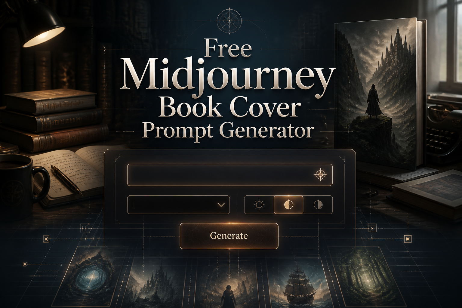 Centered premium hero UI for a Free Midjourney Book Cover Prompt Generator with elegant headline text, a book title input, genre dropdown, compact style toggle, and Generate button, over an author desk and cinematic cover mockup background.