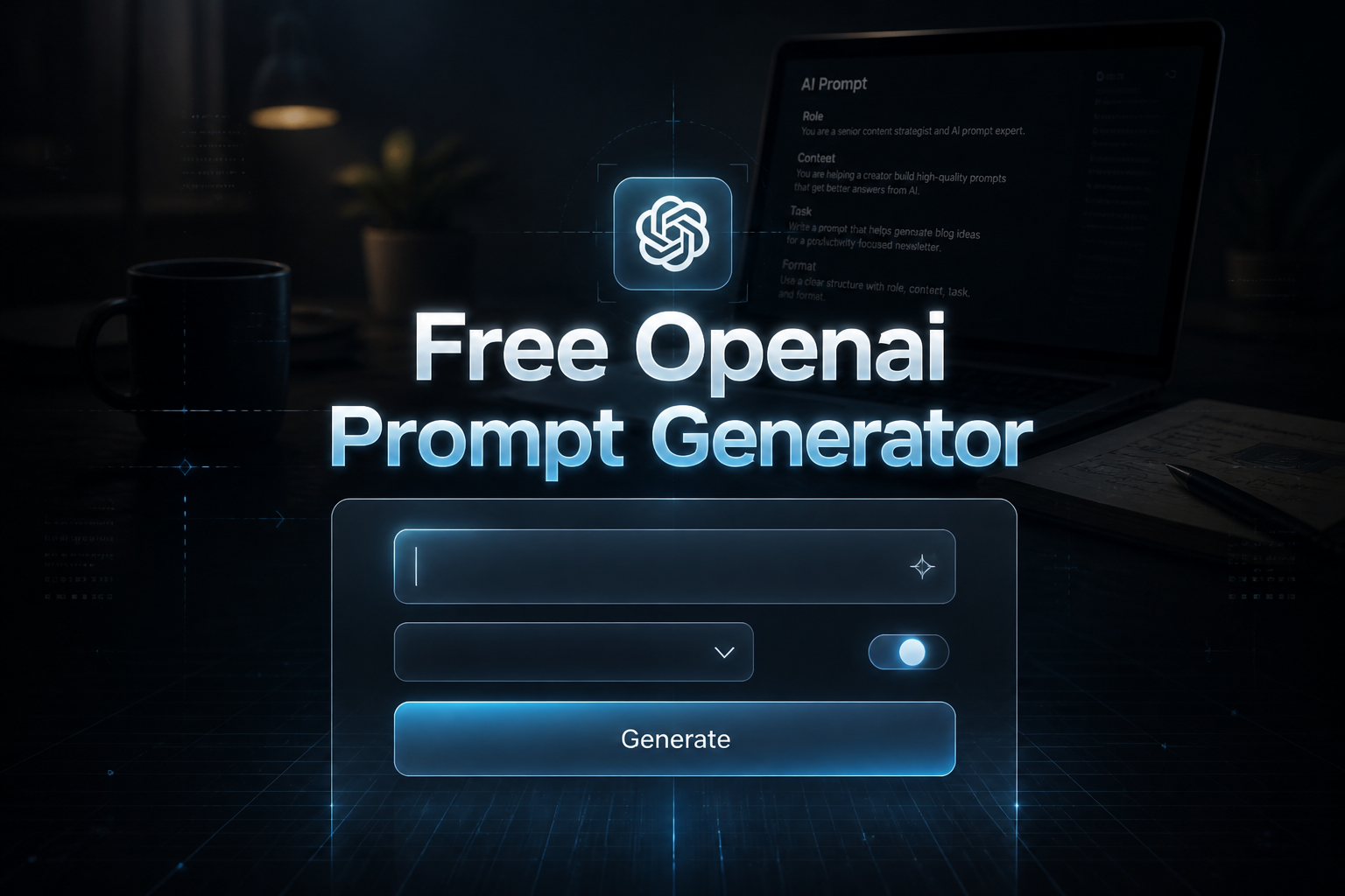 Centered sleek hero image with the title Free Openai Prompt Generator, a prompt idea input field, minimal dropdown and toggle, and a Generate button, set over a premium AI prompt generator interface with faint grid lines and a real-life writing scene.