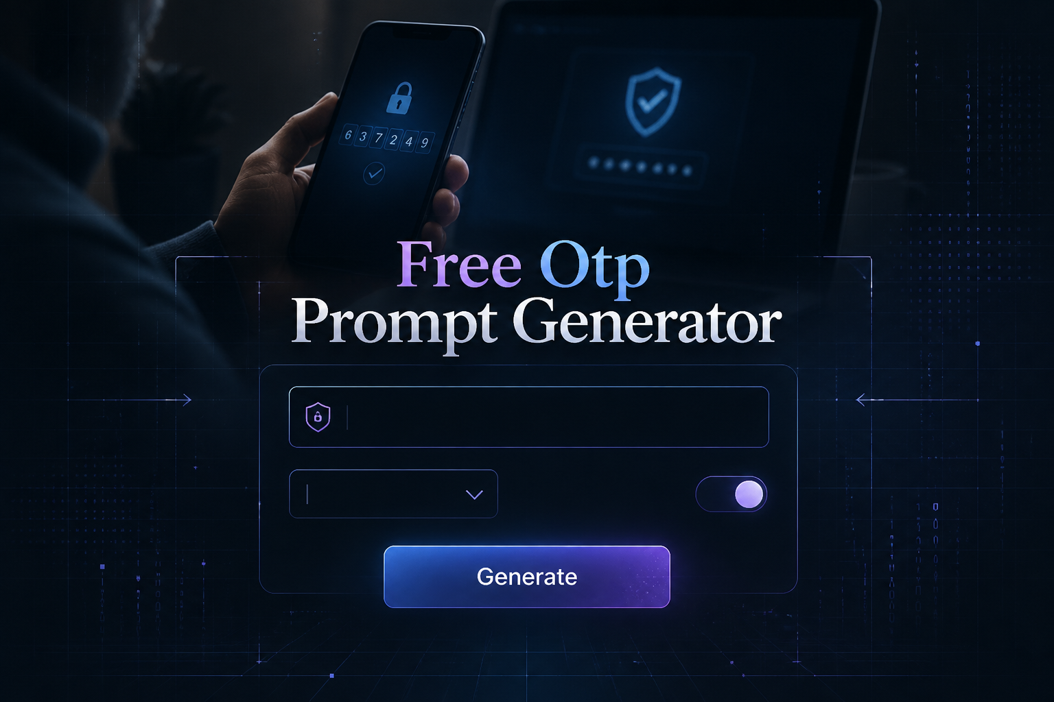 Featured hero graphic for a free OTP prompt generator, showing the title "Free Otp Prompt Generator" above a sleek panel with an OTP prompt field, dropdown, toggle, and Generate button, set over a secure login verification background with subtle grid lines.