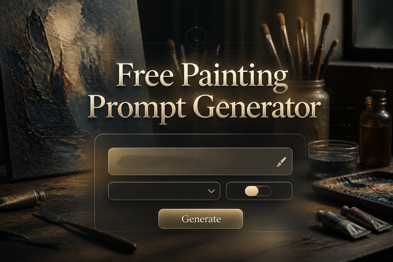 Centered hero-style UI for a free painting prompt generator with the title "Free Painting Prompt Generator," a prompt field, style dropdown, detail toggle, and Generate button over a polished painting workspace background.