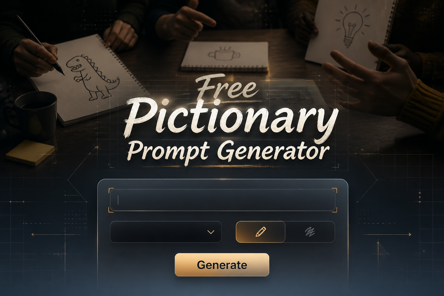 Centered hero-style UI for a Free Pictionary Prompt Generator with a soft-shadow title, a prompt input, difficulty dropdown, style toggle, and Generate button over a polished sketching-and-guessing background, ideal for pictionary prompt ideas and pictionary word generator use.