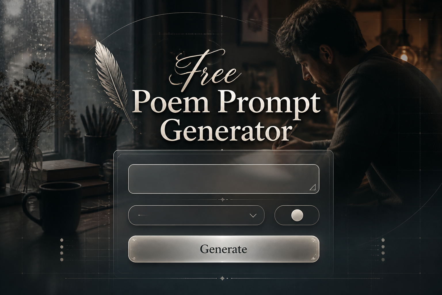 Centered hero image for a free poem prompt generator showing the title Free Poem Prompt Generator above a sleek UI panel with a short poem idea field, poem style dropdown, tone toggle, and Generate button over a dramatic writer workspace background.