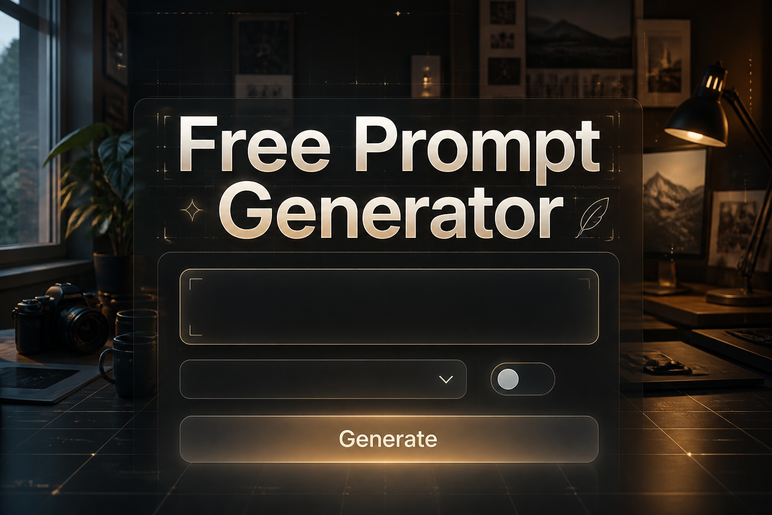 Featured hero image for a free prompt generator tool showing a centered polished UI panel with the text Free Prompt Generator, a prompt input field, compact dropdown, tiny toggle, and Generate button over a high-contrast creator workspace background.