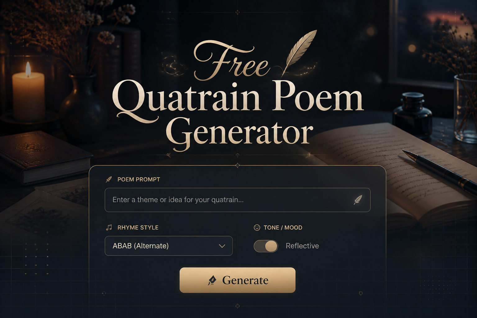 A sleek hero image shows the title Free Quatrain Poem Generator above a refined poetry tool panel with a prompt field, rhyme style dropdown, mood toggle, and Generate button, set over a writer's desk in a poetic premium UI for online quatrain poem creation.