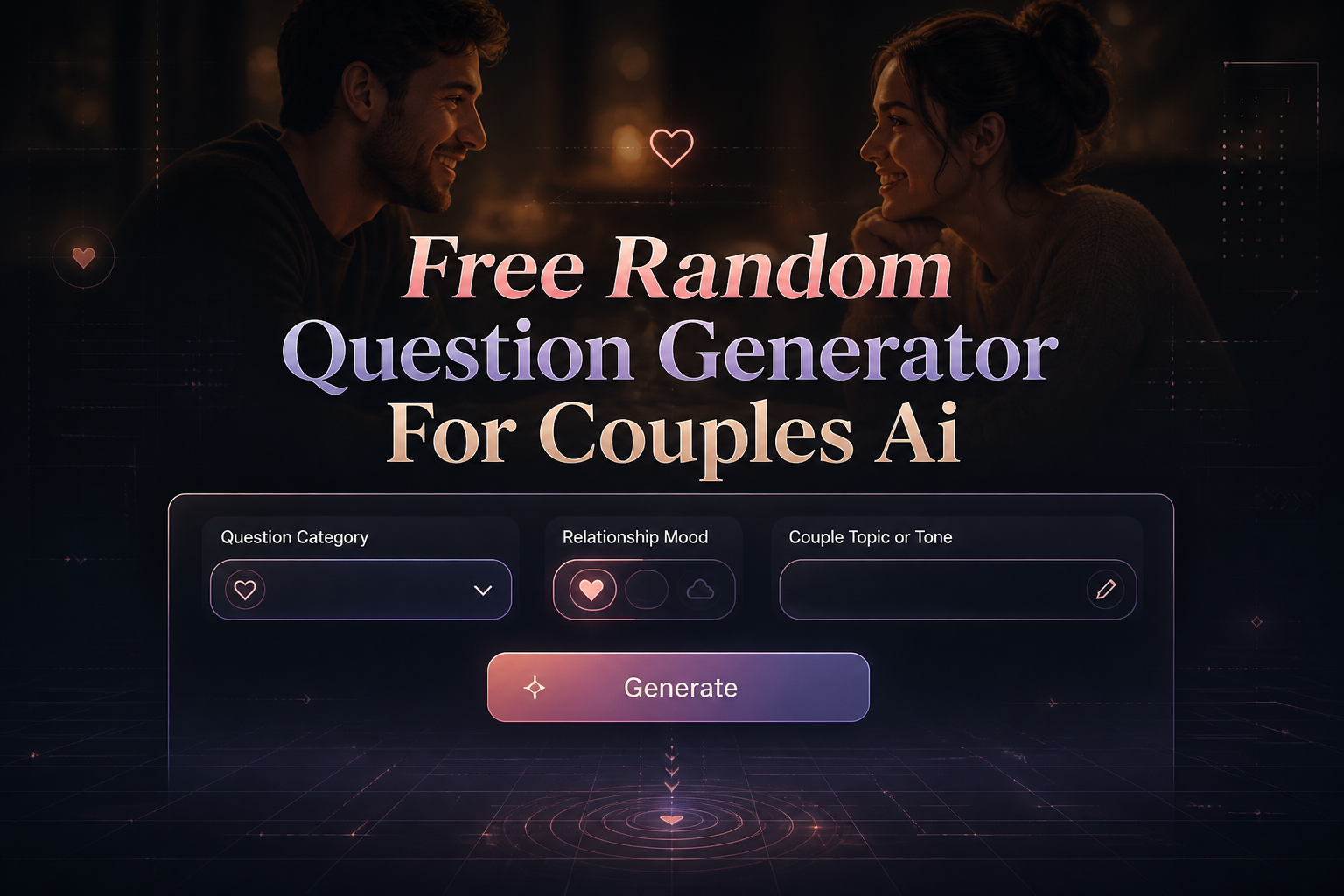 Centered hero graphic with the title Free Random Question Generator For Couples Ai over a sleek UI panel featuring a question category dropdown, relationship mood toggle, couple topic input, and Generate button, set against a fading couple conversation scene.