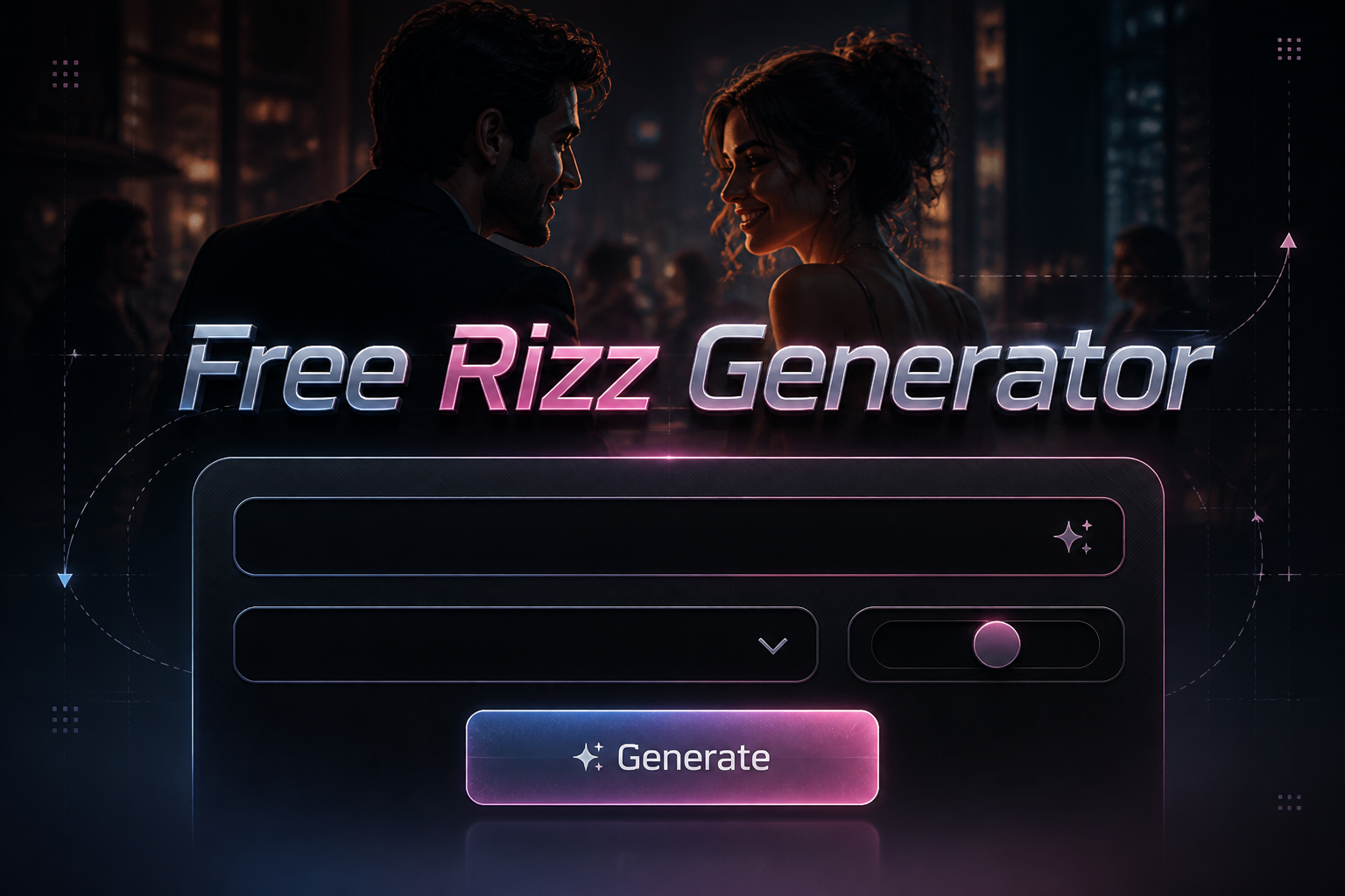 Featured hero image for a free rizz generator with the title Free Rizz Generator above a sleek input panel, one pickup line prompt field, vibe dropdown, tone toggle, and Generate button, plus subtle stylish pickup line generator UI details.