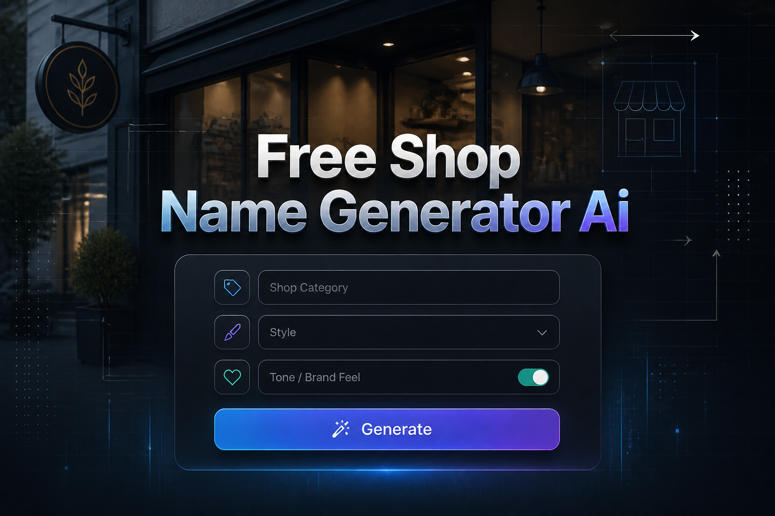 Premium hero image for a free shop name generator AI featuring a centered sleek UI panel with shop category input, style dropdown, tone toggle, and Generate button over a dark modern retail branding background with subtle grid lines.