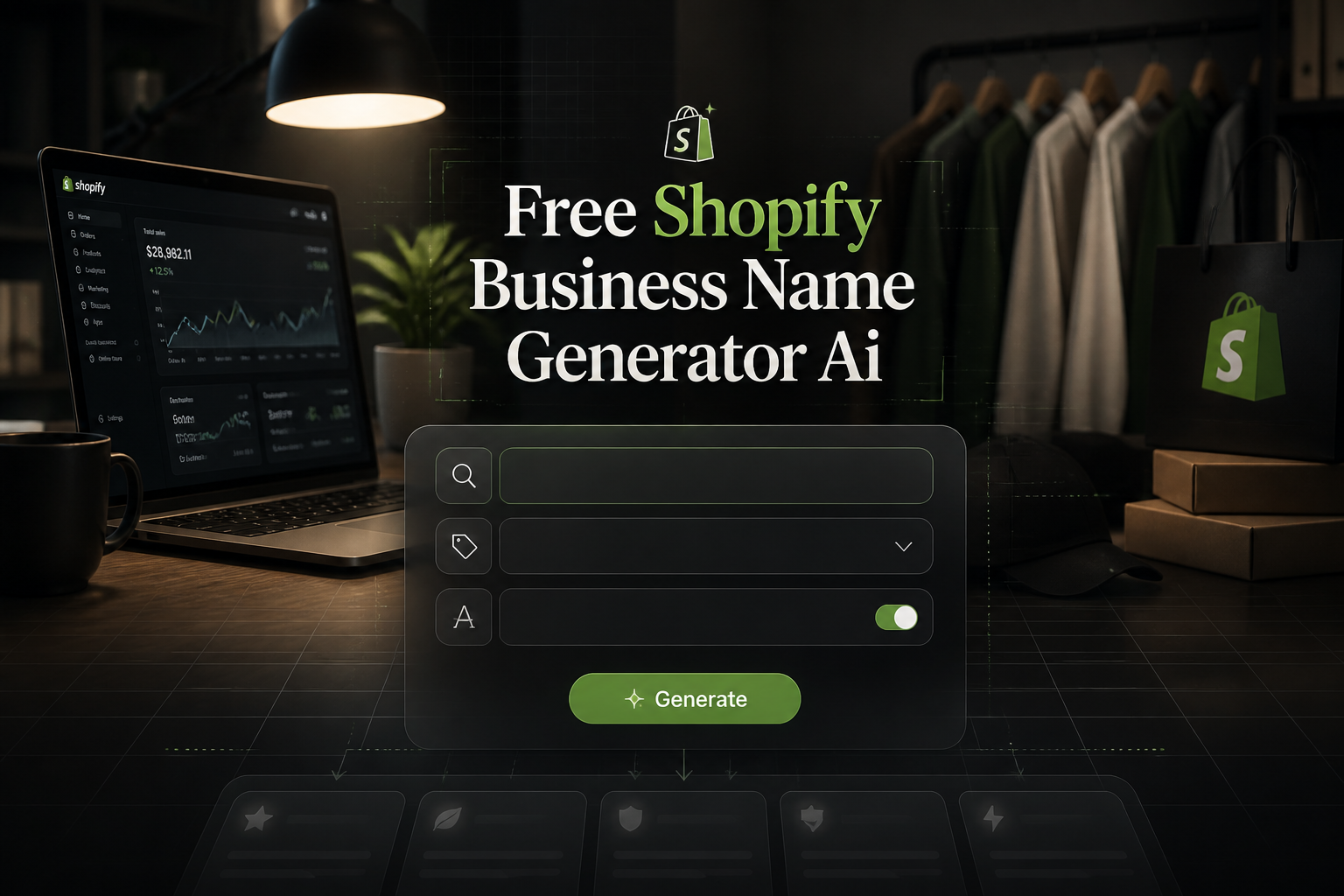 Centered hero graphic of a Shopify name generator interface with the text Free Shopify Business Name Generator Ai, brand keyword input, niche dropdown, name style toggle, and Generate button over a modern ecommerce workspace.