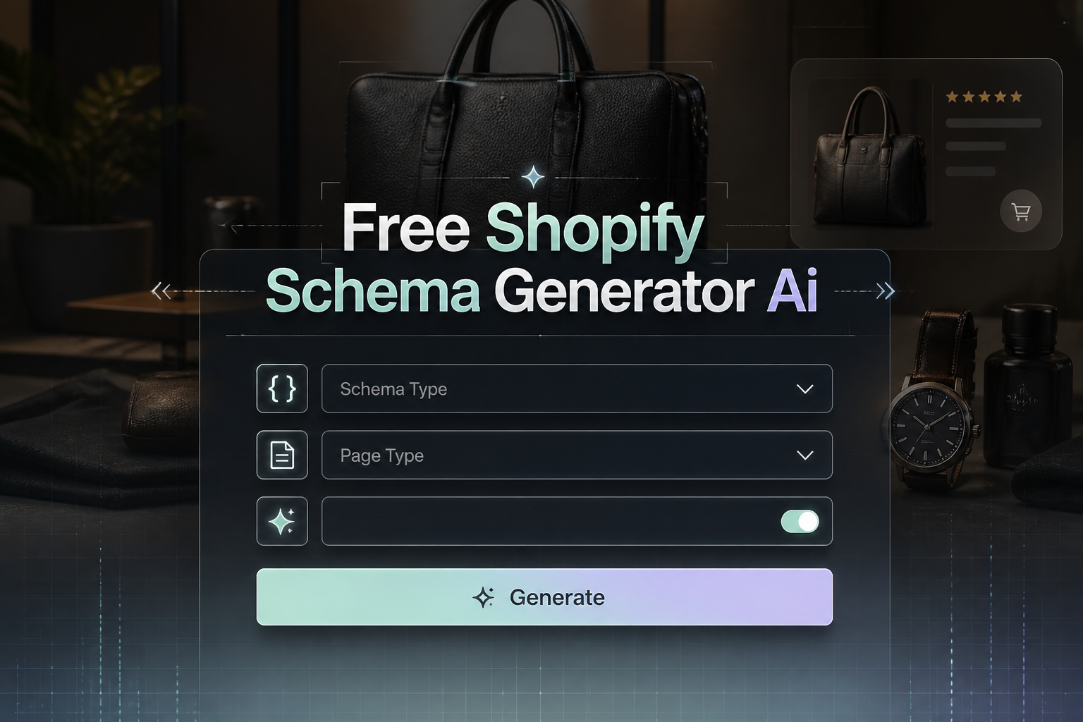 Centered hero graphic with the text Free Shopify Schema Generator Ai above a polished tool panel showing schema type input, page type dropdown, rich results toggle, and Generate button, plus subtle ecommerce schema markup generator UI details.