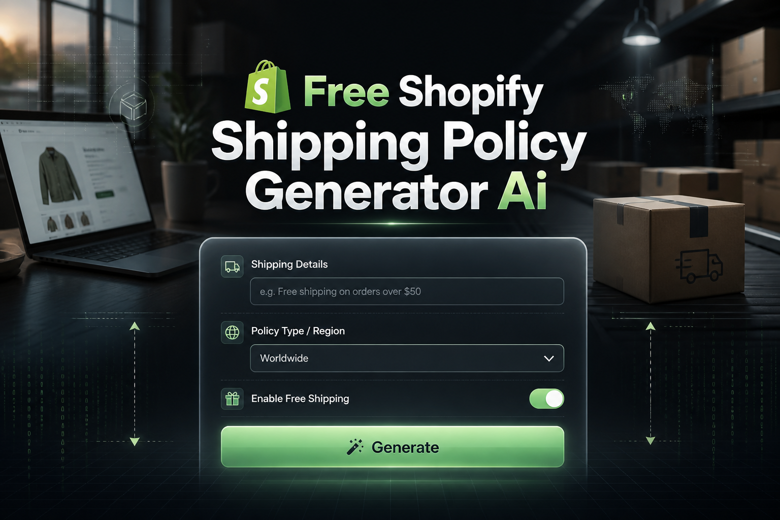 Centered hero graphic for a Free Shopify Shipping Policy Generator AI showing a refined UI panel with shipping details field, region dropdown, free shipping toggle, and Generate button over a sleek ecommerce fulfillment background.