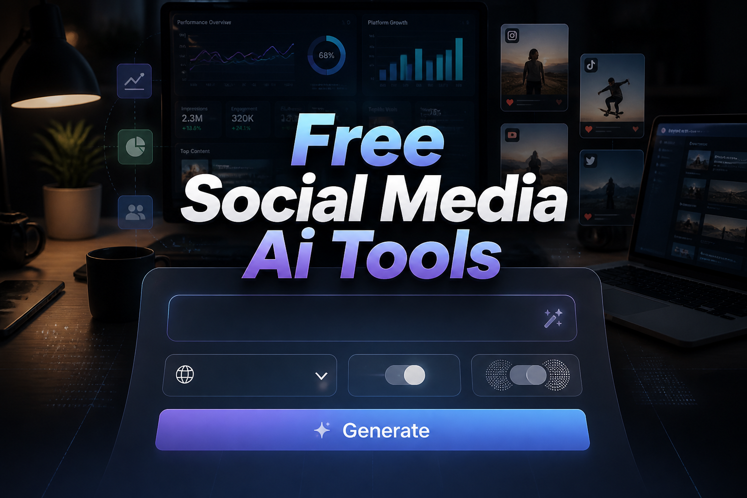 Featured hero image with "Free Social Media Ai Tools" over a sleek creator dashboard, showing a prompt field, platform dropdown, tone toggle, and Generate button, ideal for free social media AI tools and social media AI tools for creators.