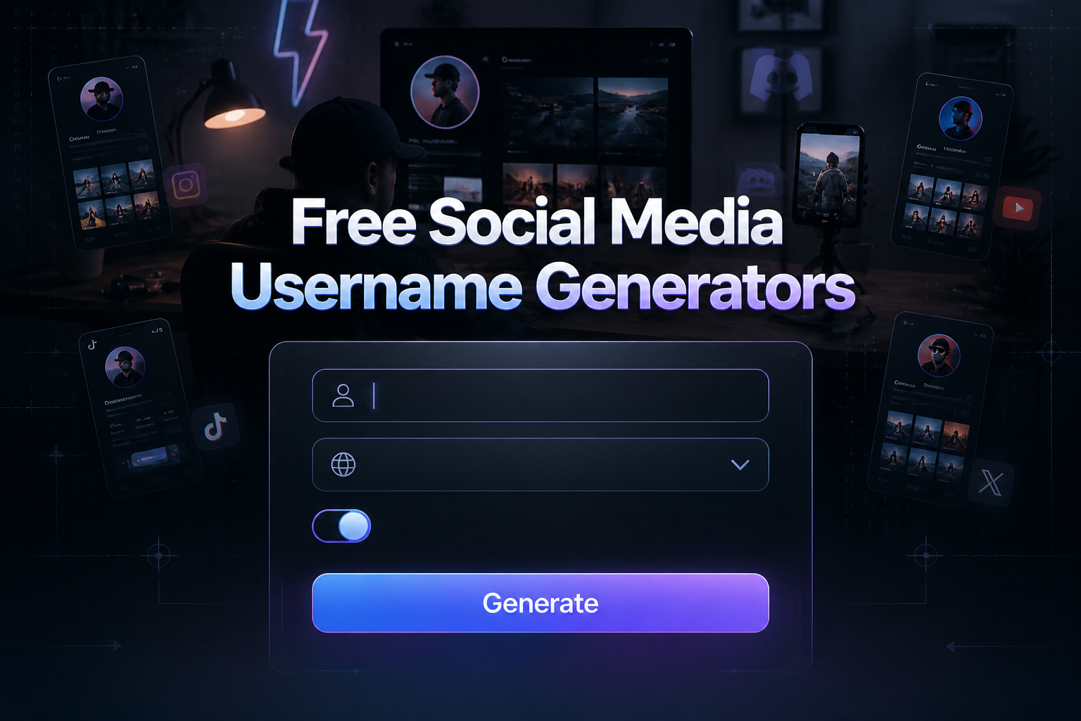 Centered hero graphic for a free social media username generator with a polished input panel, platform dropdown, style toggle, and Generate button, set over a creator workspace background with phone screens and profile cards.