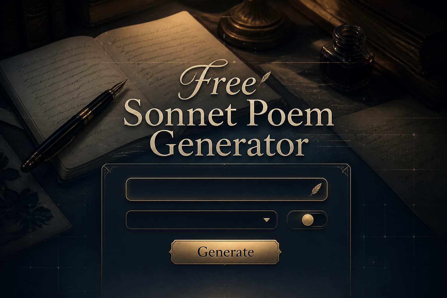 Featured hero image for a free sonnet poem generator with centered "Free Sonnet Poem Generator" text, a refined input panel for sonnet writing, and a Generate button over a warm literary desk with notebook, pen, and subtle UI grid accents.