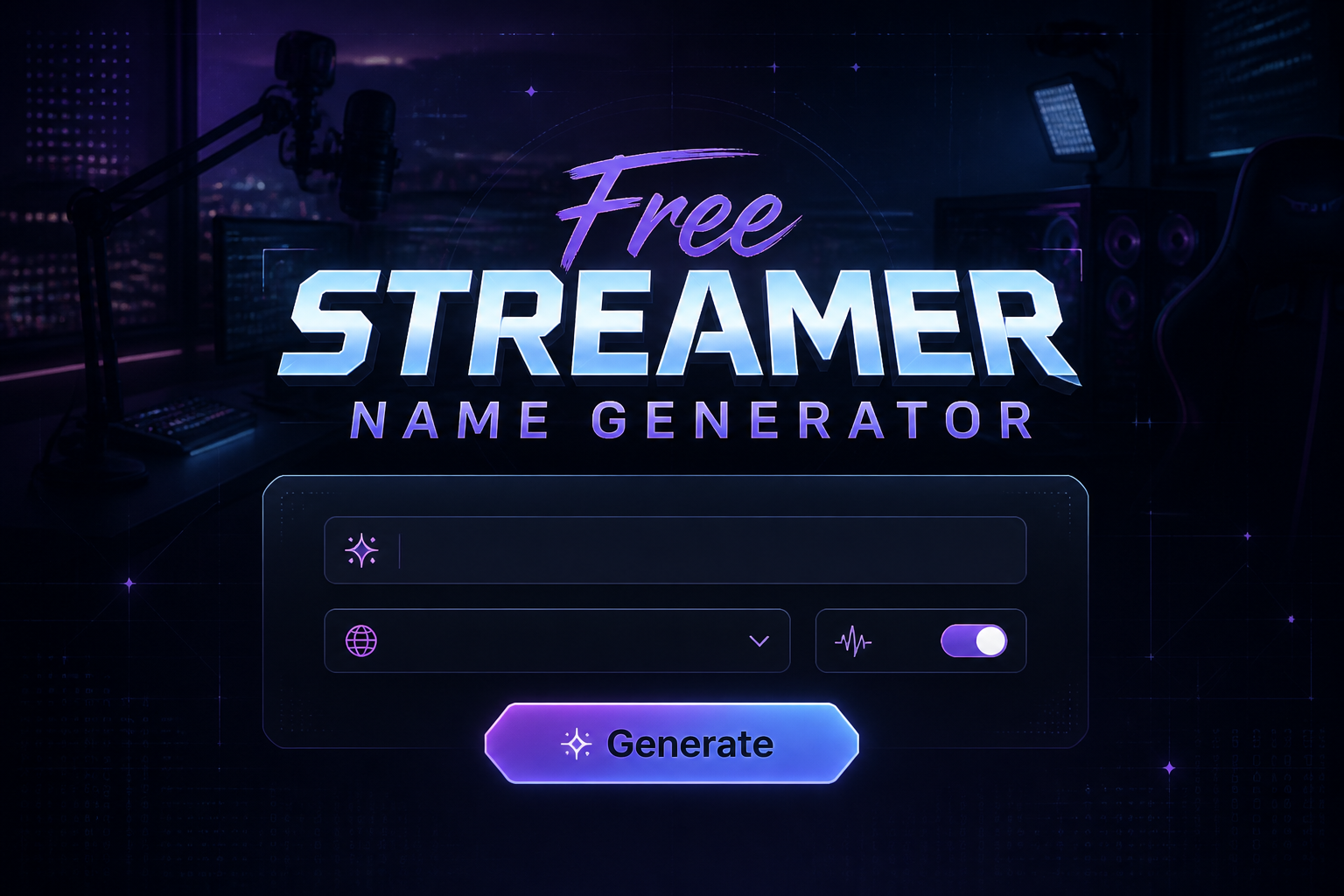 Centered hero graphic for a Free Streamer Name Generator with a sleek input panel, style-vibe field, name type dropdown, tone toggle, and Generate button over a moody streamer desk background, ideal for streamer name ideas and creator branding tool searches