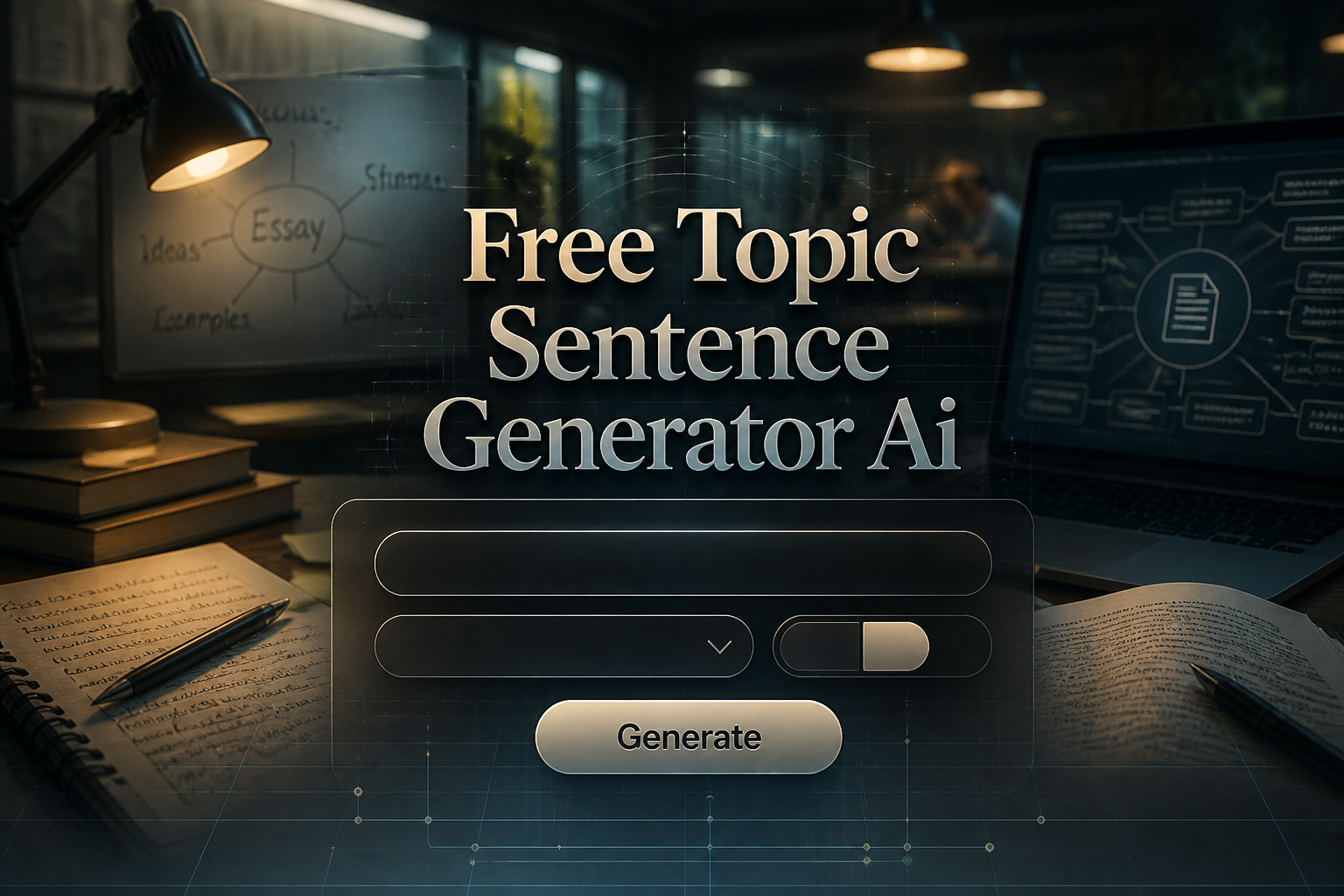A polished hero graphic shows the text Free Topic Sentence Generator Ai over a sleek interface with a topic prompt field, dropdown, style toggle, and Generate button, against a classroom brainstorming scene for AI topic sentence generator and free topic sentence generator AI.