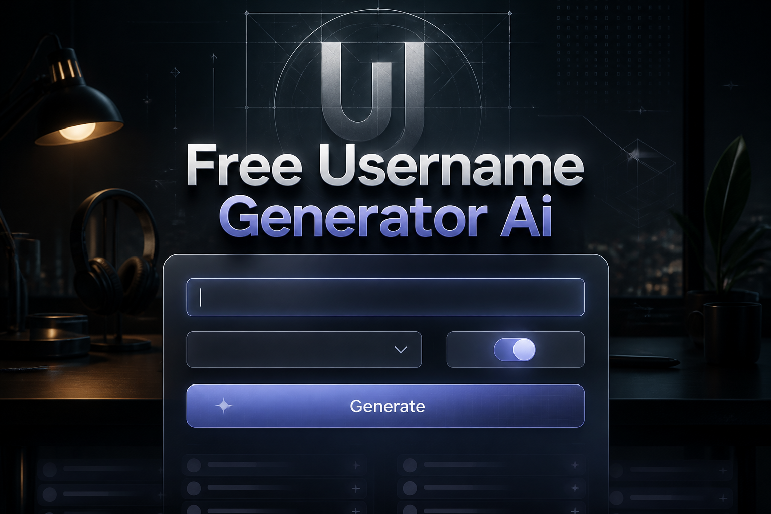 Centered hero graphic for a free username generator ai tool with the text Free Username Generator Ai, a keywords input, blank dropdown, style toggle, and Generate button in a polished dark premium UI scene for username ideas.