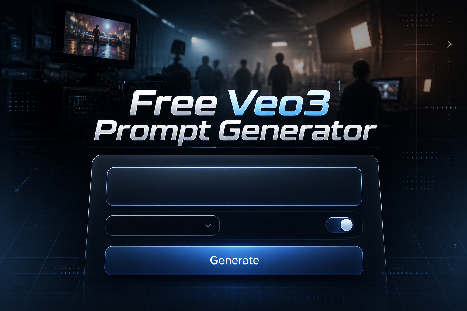 Featured hero image of a sleek Free Veo3 Prompt Generator interface with a prominent prompt input, compact dropdown, toggle, and Generate button over a high-contrast video production scene, ideal for free Veo3 AI prompt generation.