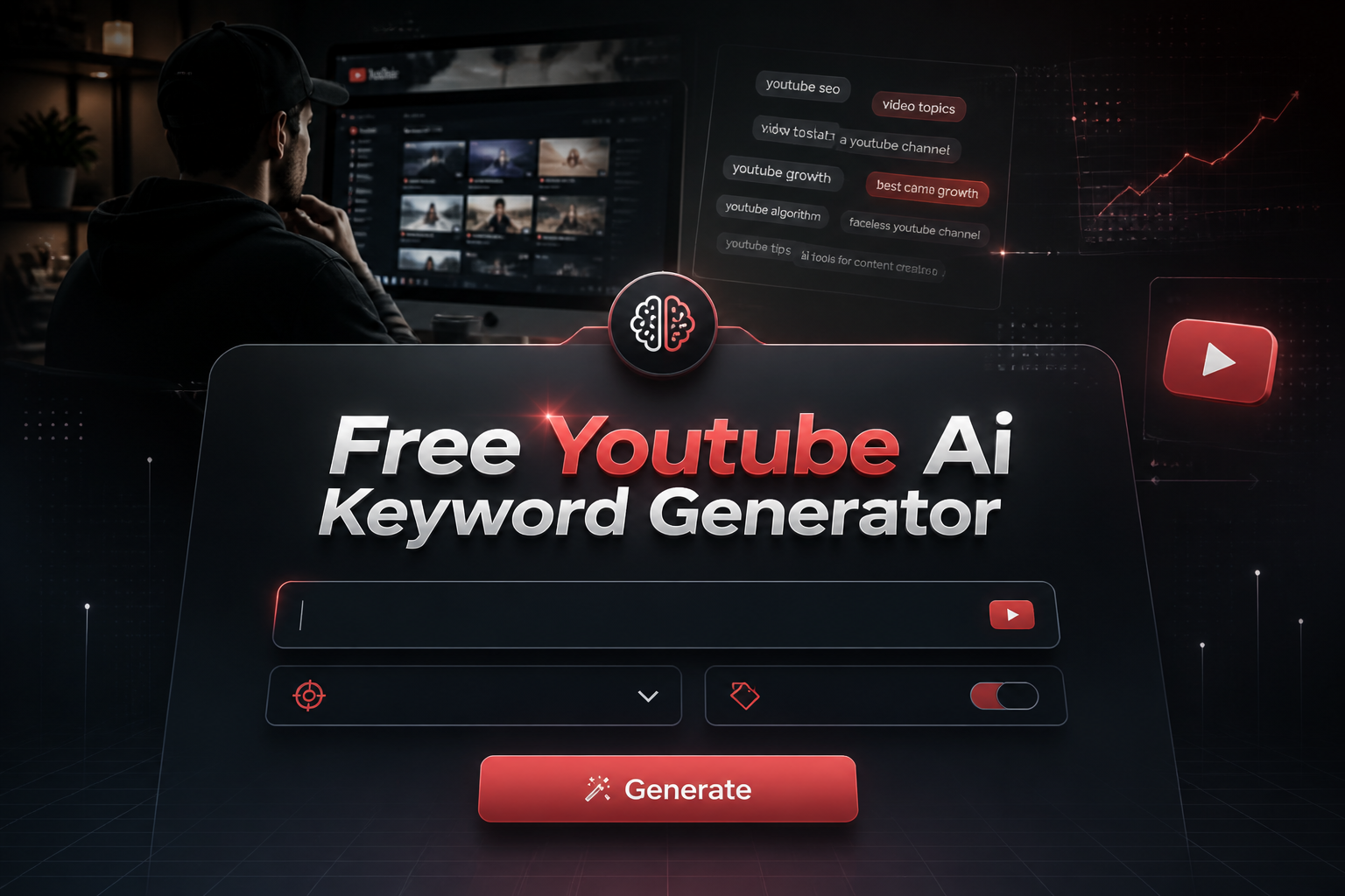Featured hero image for a free Youtube AI keyword generator showing a sleek centered UI panel with a YouTube topic input, keyword intent dropdown, style toggle, and Generate button, over a creator research background with subtle grid lines and premium shadows.
