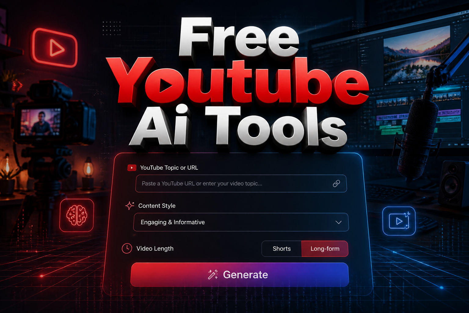 Centered hero graphic for Free Youtube Ai Tools with a sleek AI video generator panel, a YouTube topic or URL field, content style dropdown, shorts or long-form toggle, and Generate button over a creator workspace background.