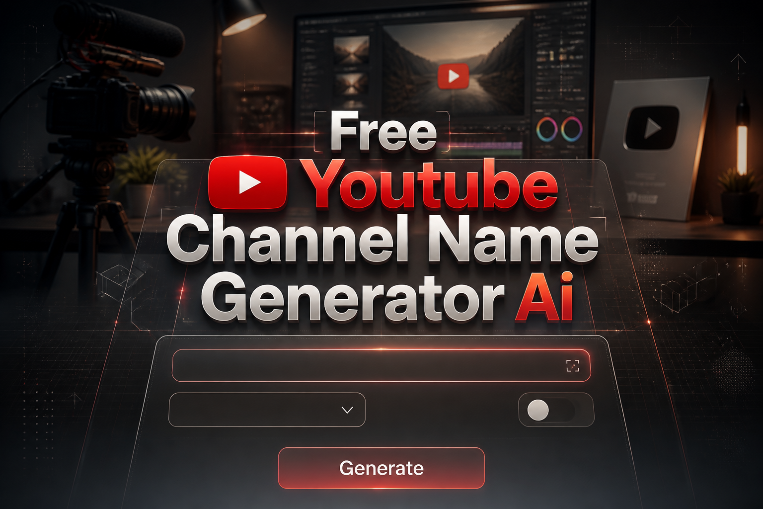 Centered premium hero graphic for a free YouTube channel name generator AI, showing the title with deep black shadow above a sleek form with a topic field, dropdown, toggle, and Generate button over a high-contrast YouTube content creation background.