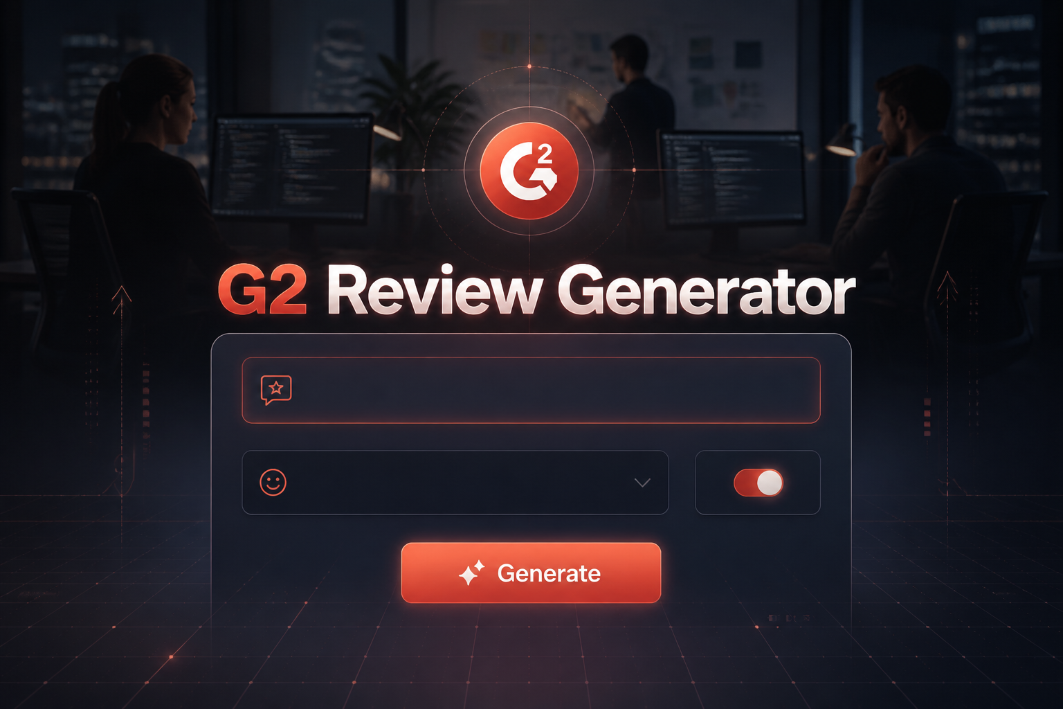 Centered hero image for G2 Review Generator with a soft-shadow title, a refined UI panel featuring a review topic input, review tone dropdown, rating style toggle, and Generate button, plus a subtle product review generator interface concept backdrop.
