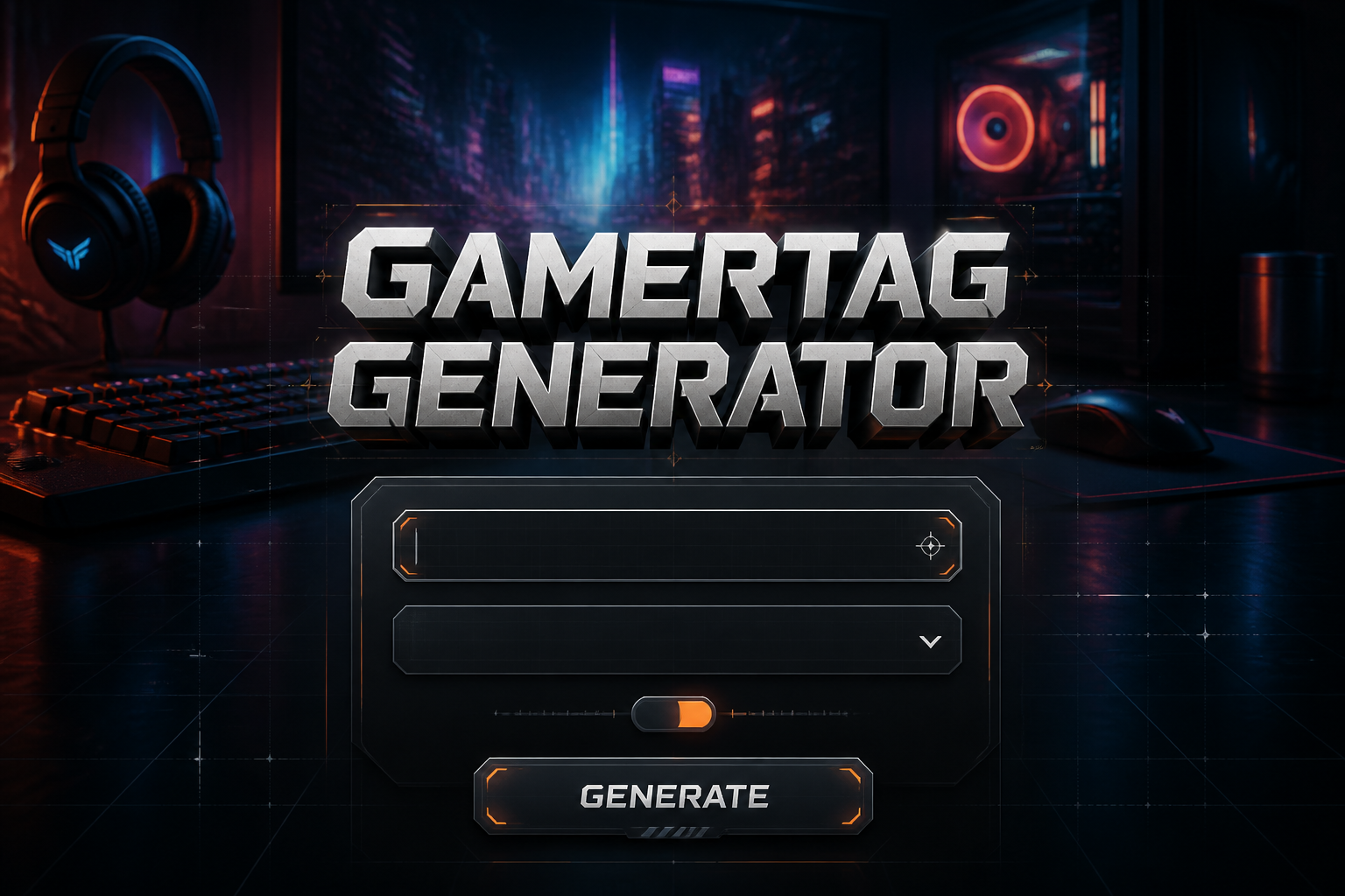 Hero image for a gamertag generator showing the title text, a centered sleek UI panel with a gamer name seed input, style dropdown, vibe/length toggle, and Generate button over a glowing gaming setup background with keyboard, headset, and neon monitor light.