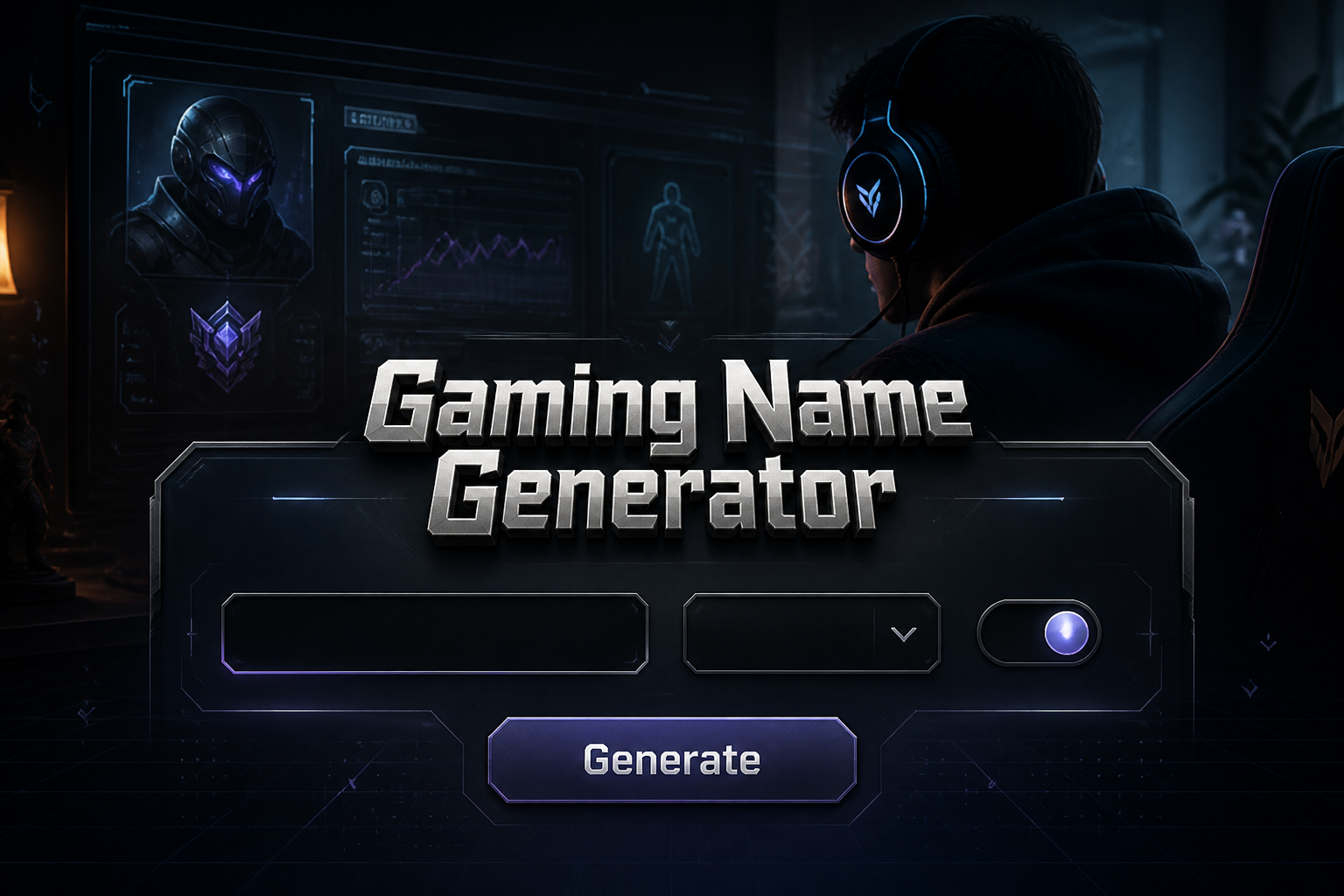 Centered gaming-style hero graphic with "Gaming Name Generator" over a sleek UI panel, one style input, blank dropdown, category toggle, and Generate button, set against a gamer profile setup background for gaming name generator inspiration.