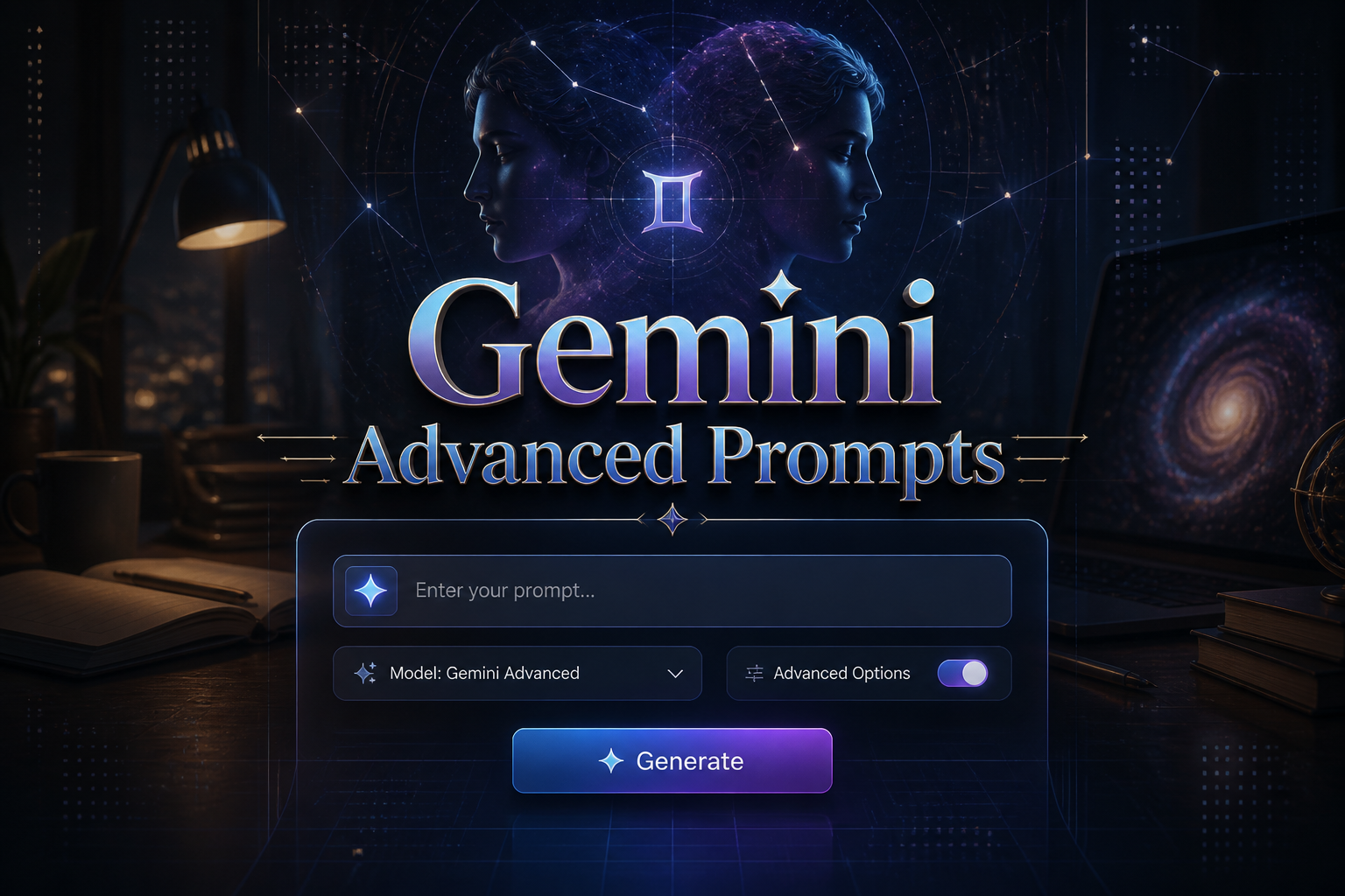 Hero image for Gemini Advanced Prompts showing centered premium AI prompt-writing UI with a prompt field, compact dropdown, toggle, and Generate button, plus subtle grid lines and dark sleek reflections for advanced prompt engineering.