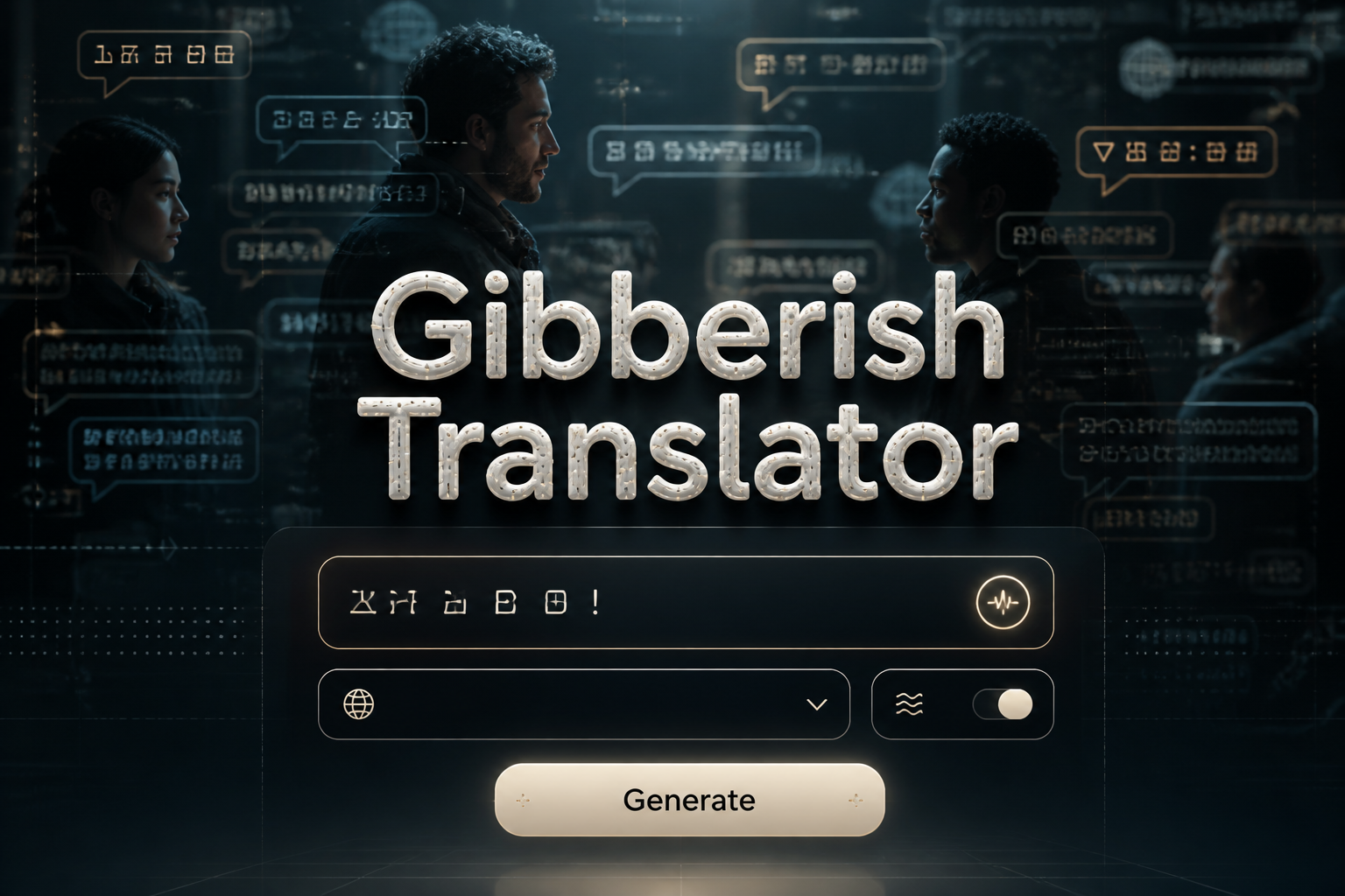 Centered hero image of a Gibberish Translator interface with a prominent title, one nonsense text field, minimal language dropdown, compact mode toggle, and Generate button, set over tangled speech bubbles for a gibberish text translator tool.